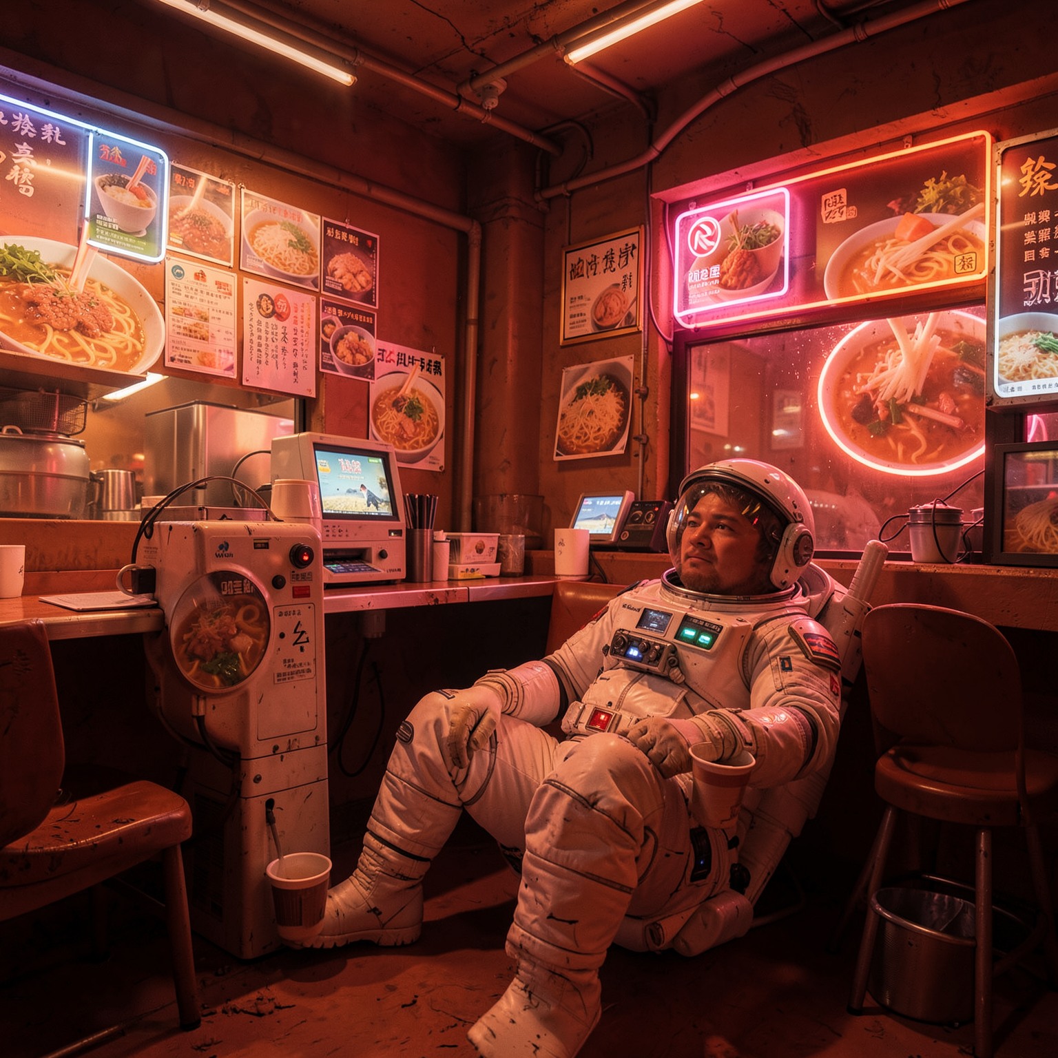 astronaut relaxing inside a neon ramen bar on Mars