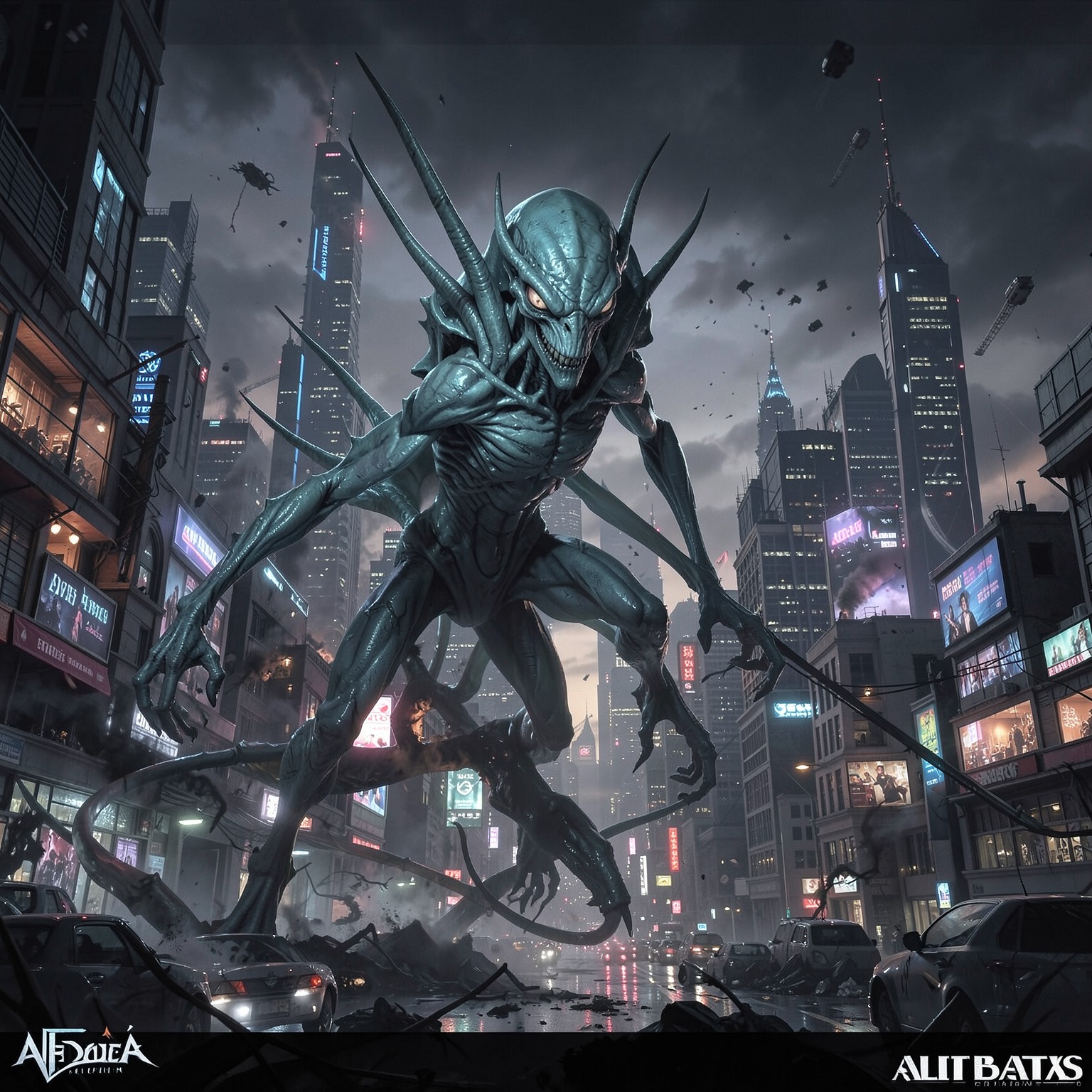 Alien invasion over futuristic megacity