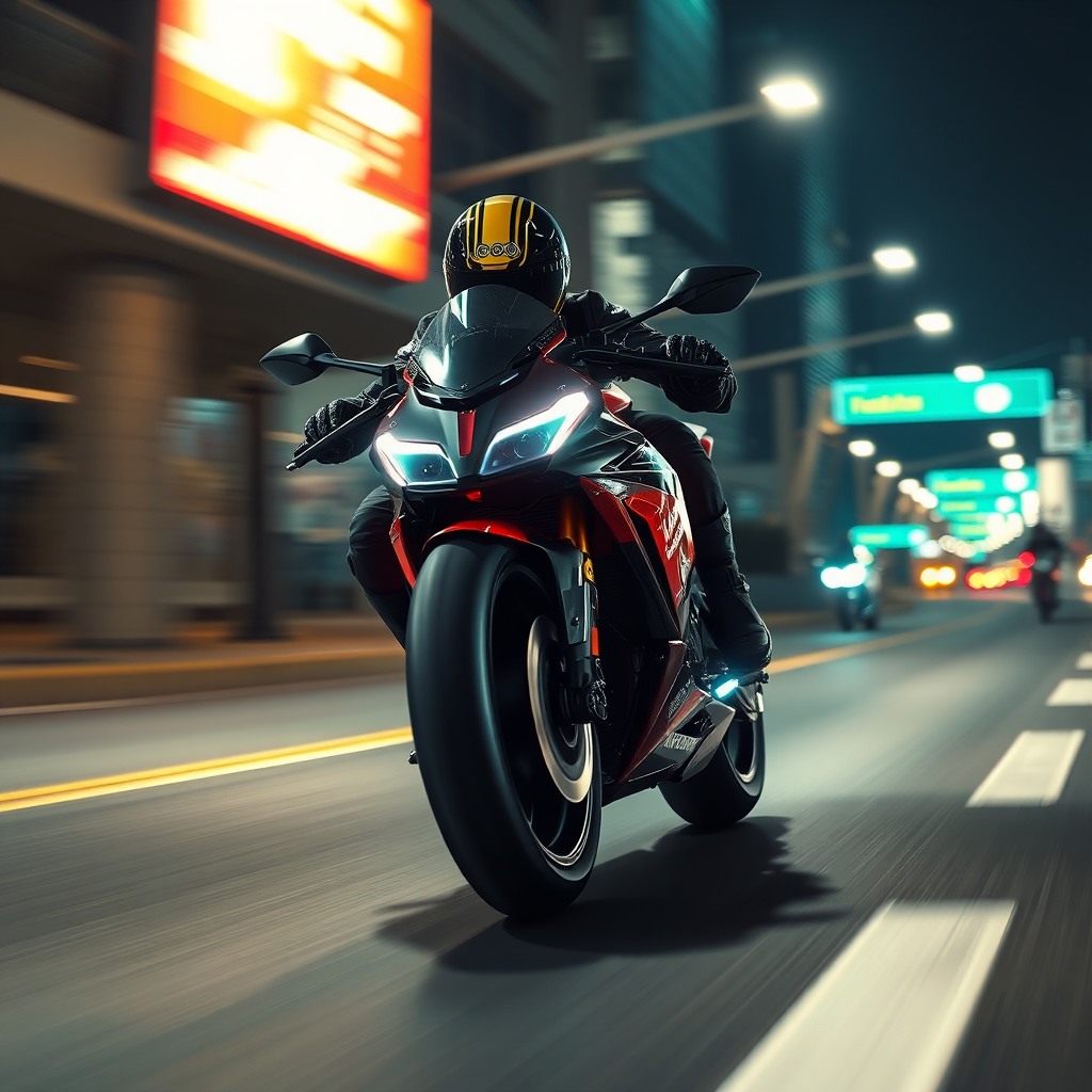 futuristic motorcycle racing at night, neon lights, motion blur, ultra detailed