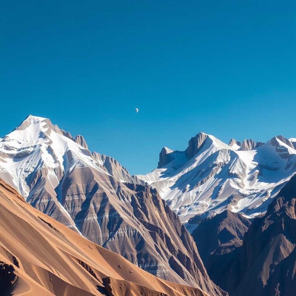 Photo-realistic editorial photography, realistic scene representing clear sky mountains