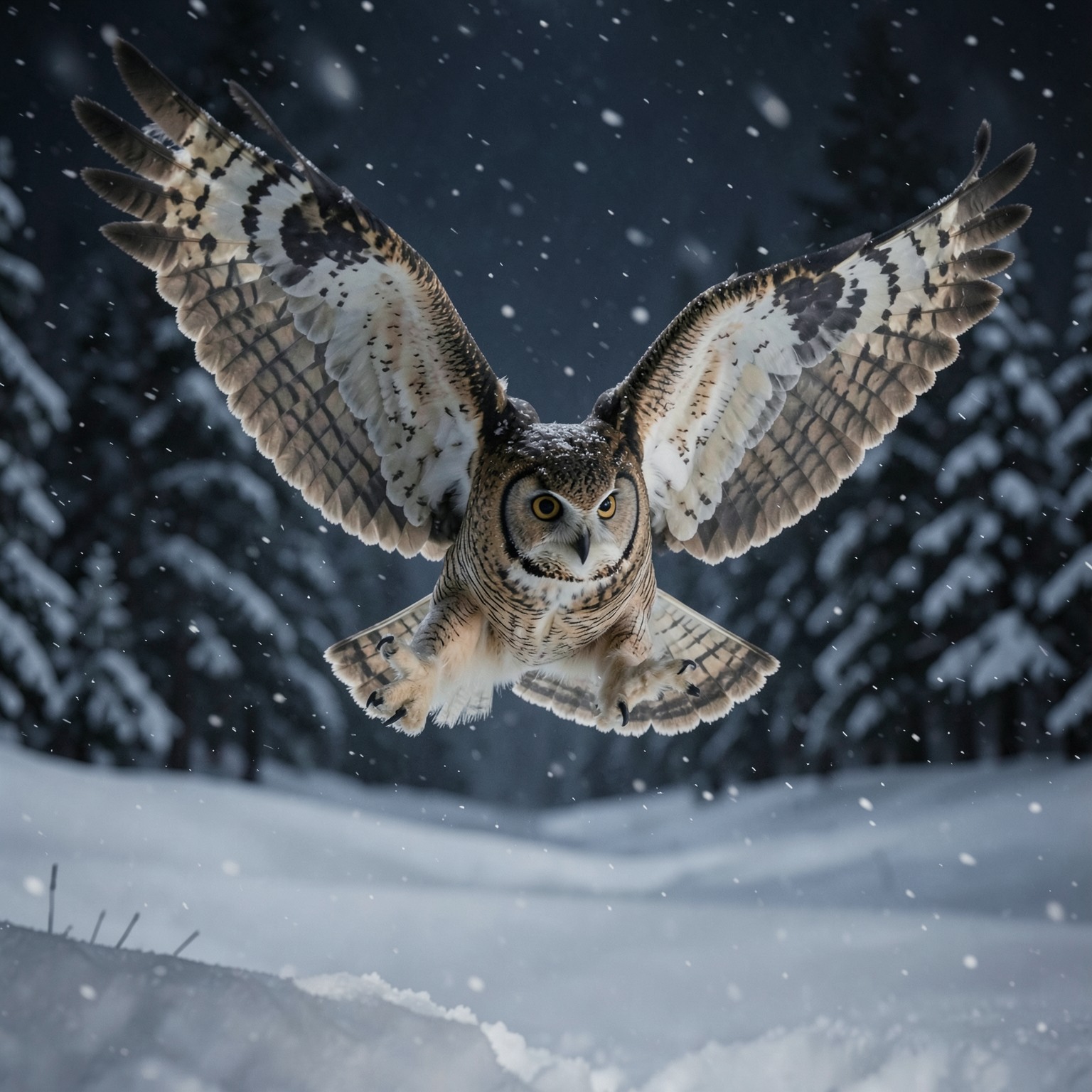 realistic owl flying through snowy night