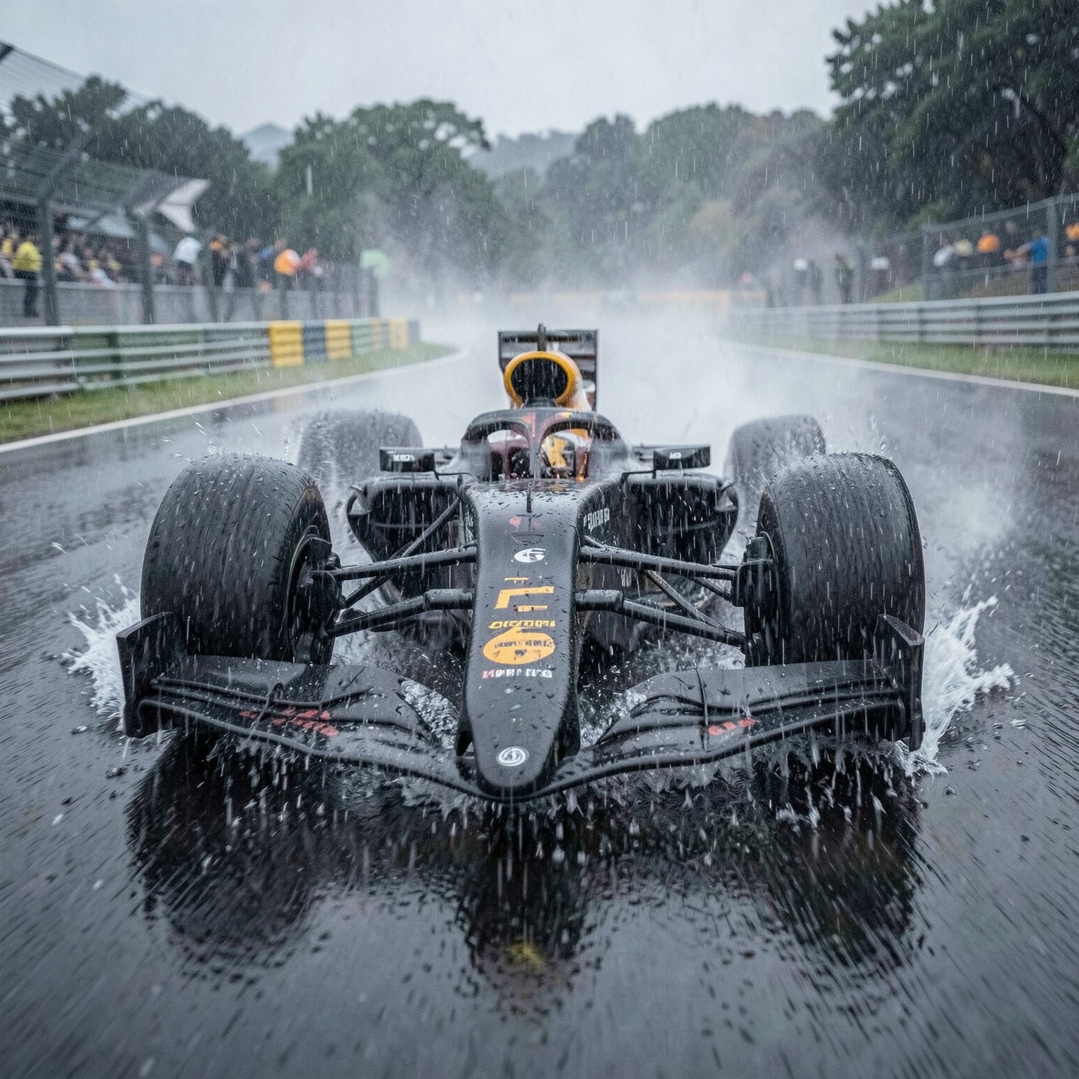 realistic Formula 1 car racing through rain at high speed