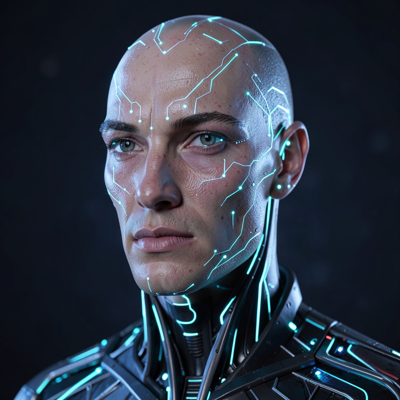 futuristic AI humanoid portrait with glowing circuits and realistic skin