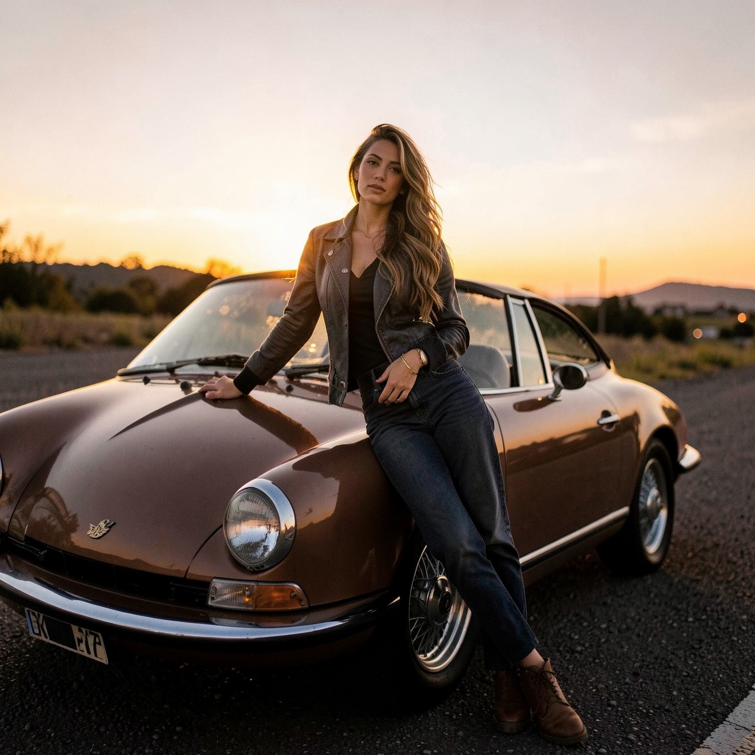 Stylish woman leaning against vintage Porsche at sunset, editorial photography