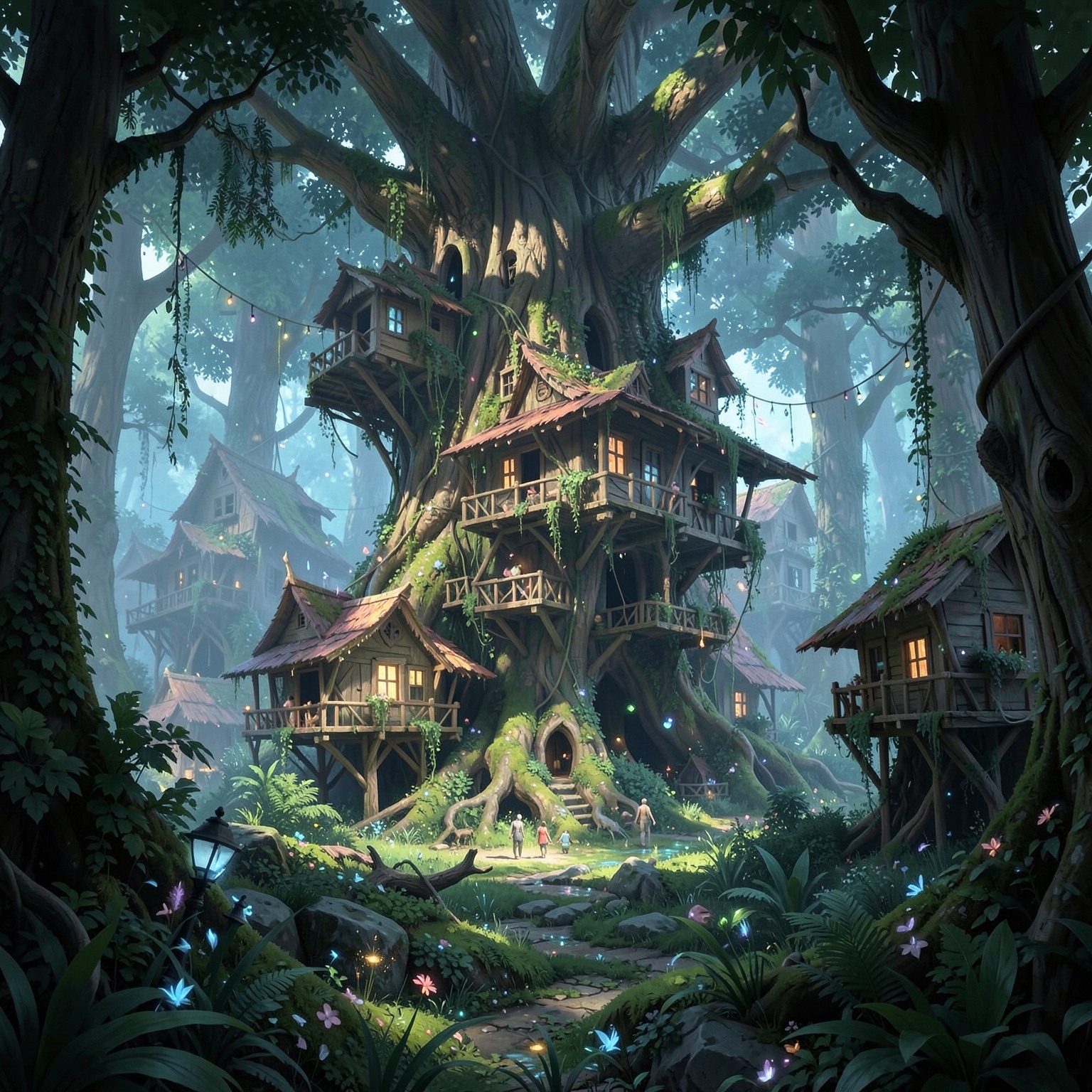giant tree house village inside magical forest