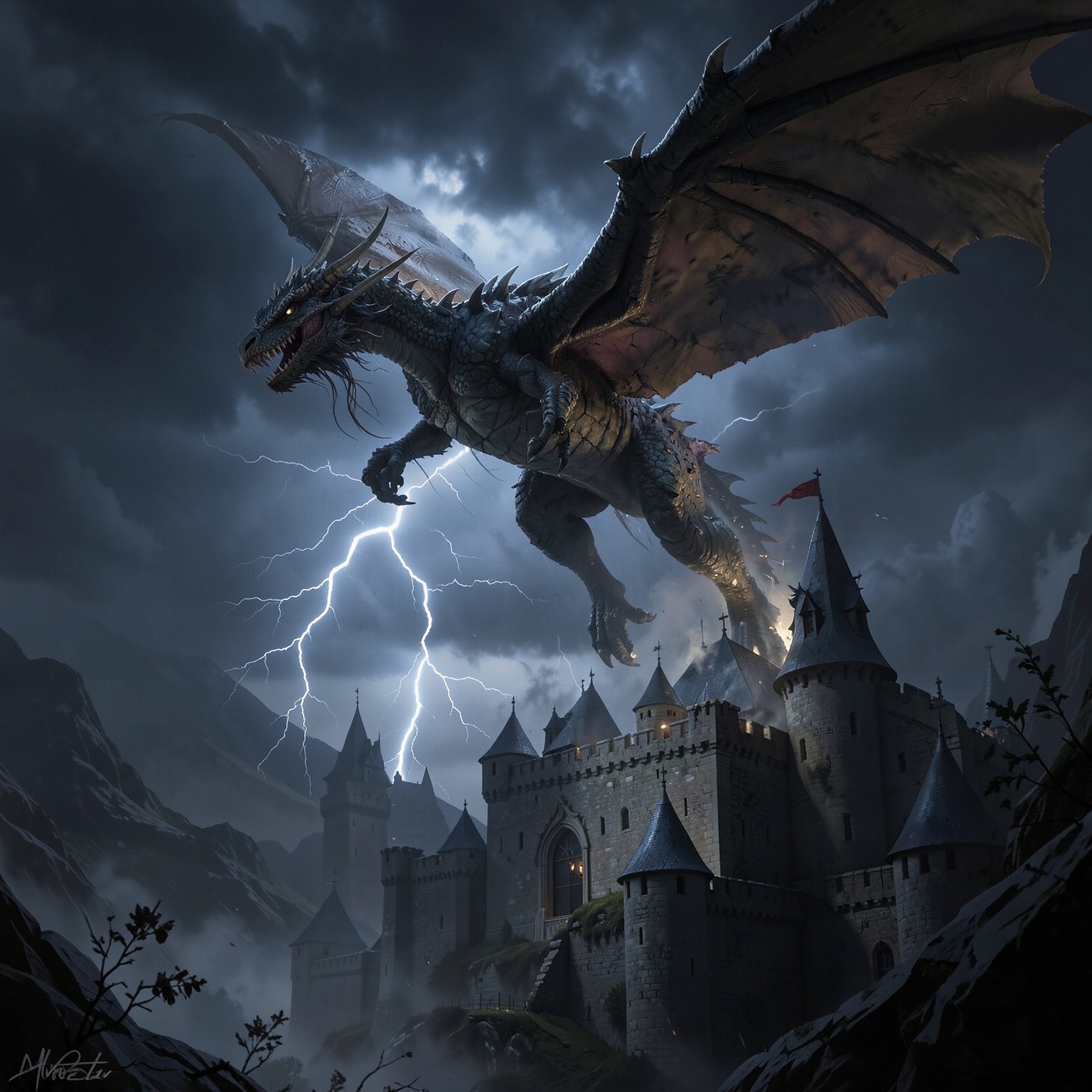 Giant dragon flying above medieval castle during thunderstorm