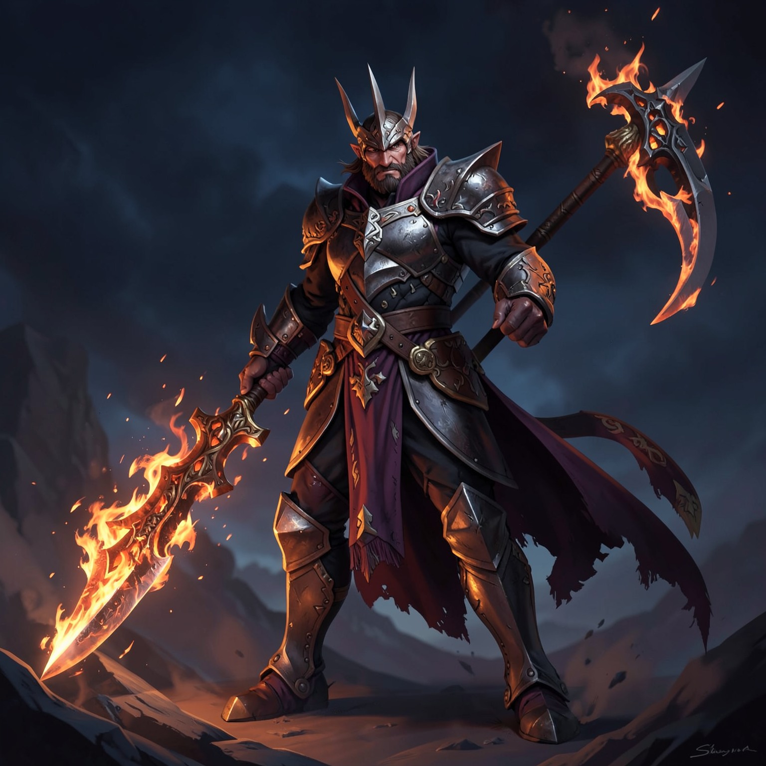 fantasy warrior holding flaming sword