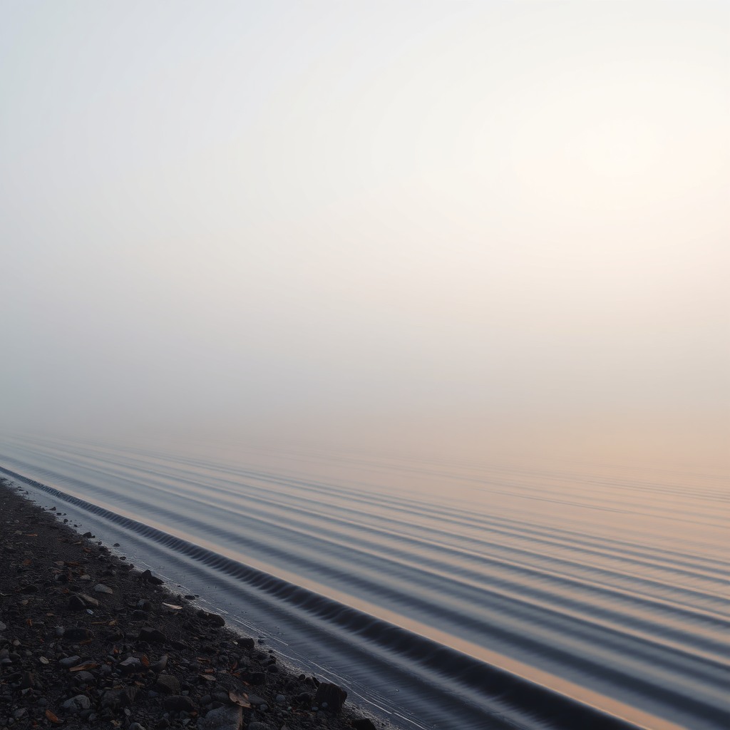 Photo-realistic scene of a quiet lakeshore at dawn, smooth water surface, natural haze
