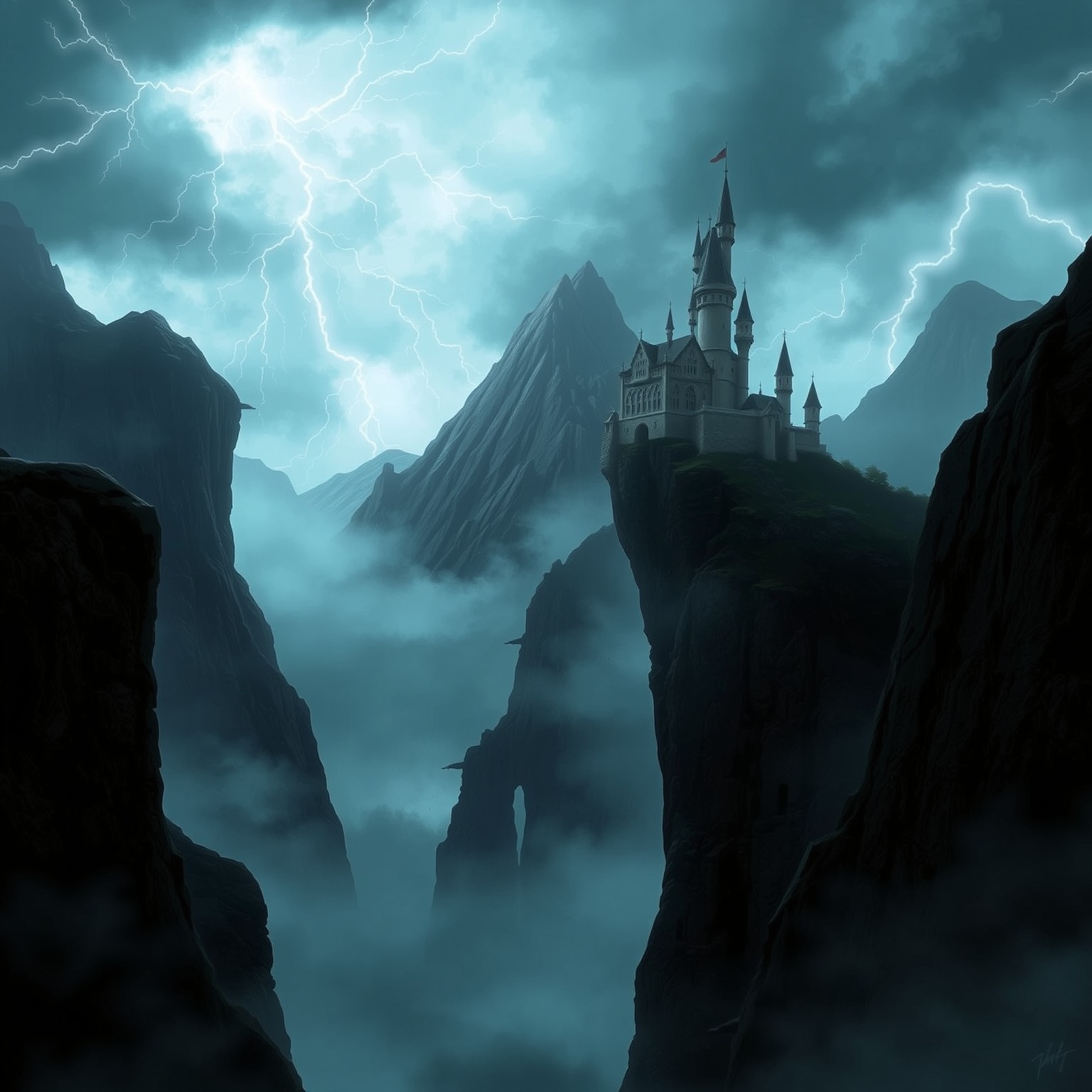 Dark fantasy landscape featuring towering mountains, a castle, and stormy skies.