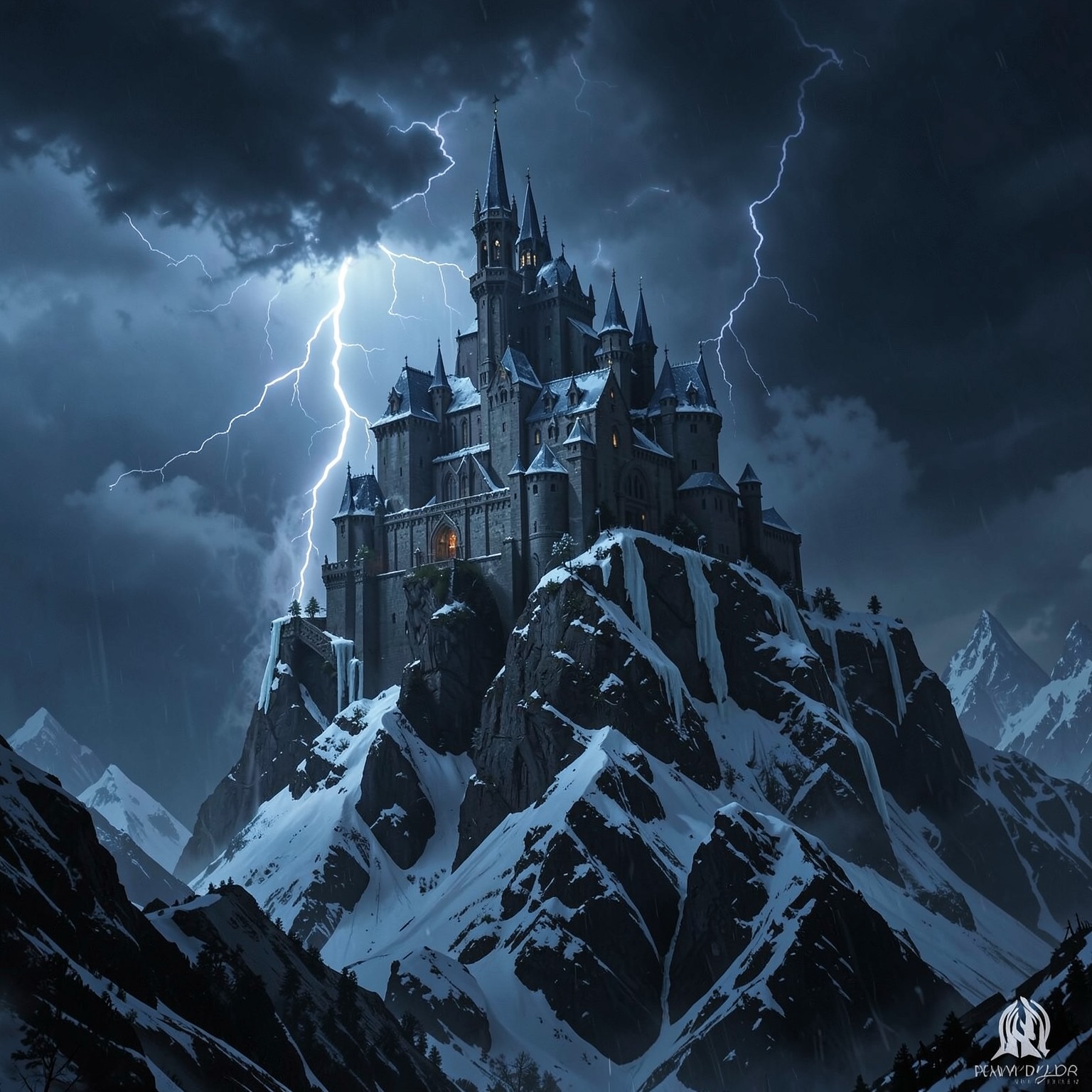 dark fantasy castle on top of icy mountain during thunderstorm