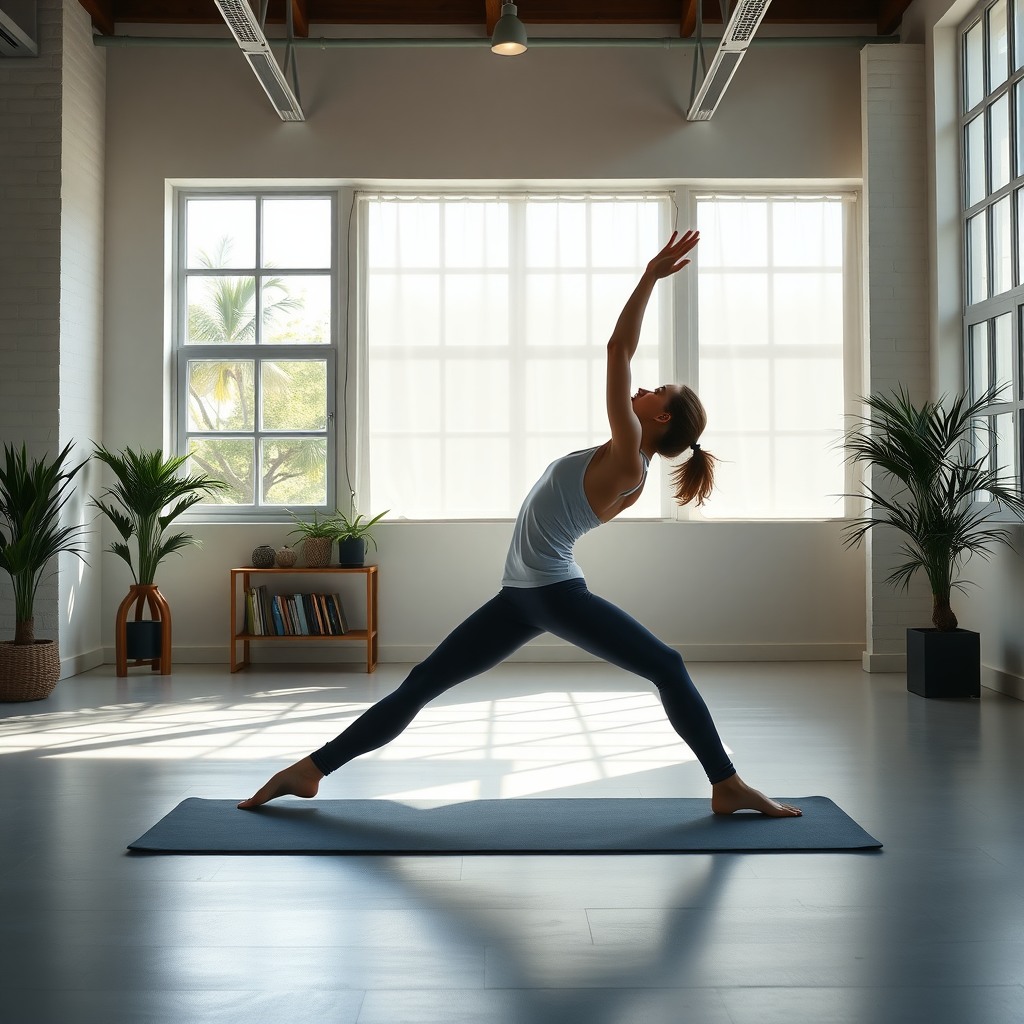 Photo-realistic editorial photography, realistic scene representing a yoga instructor stretching in bright studio, natural daylight