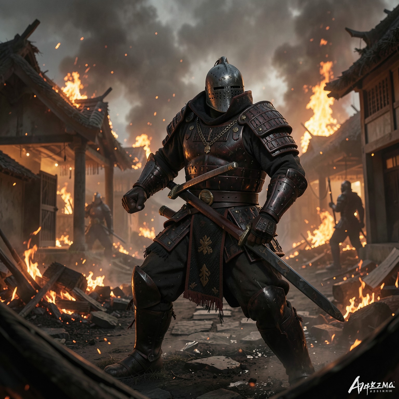 Samurai warrior inside burning village