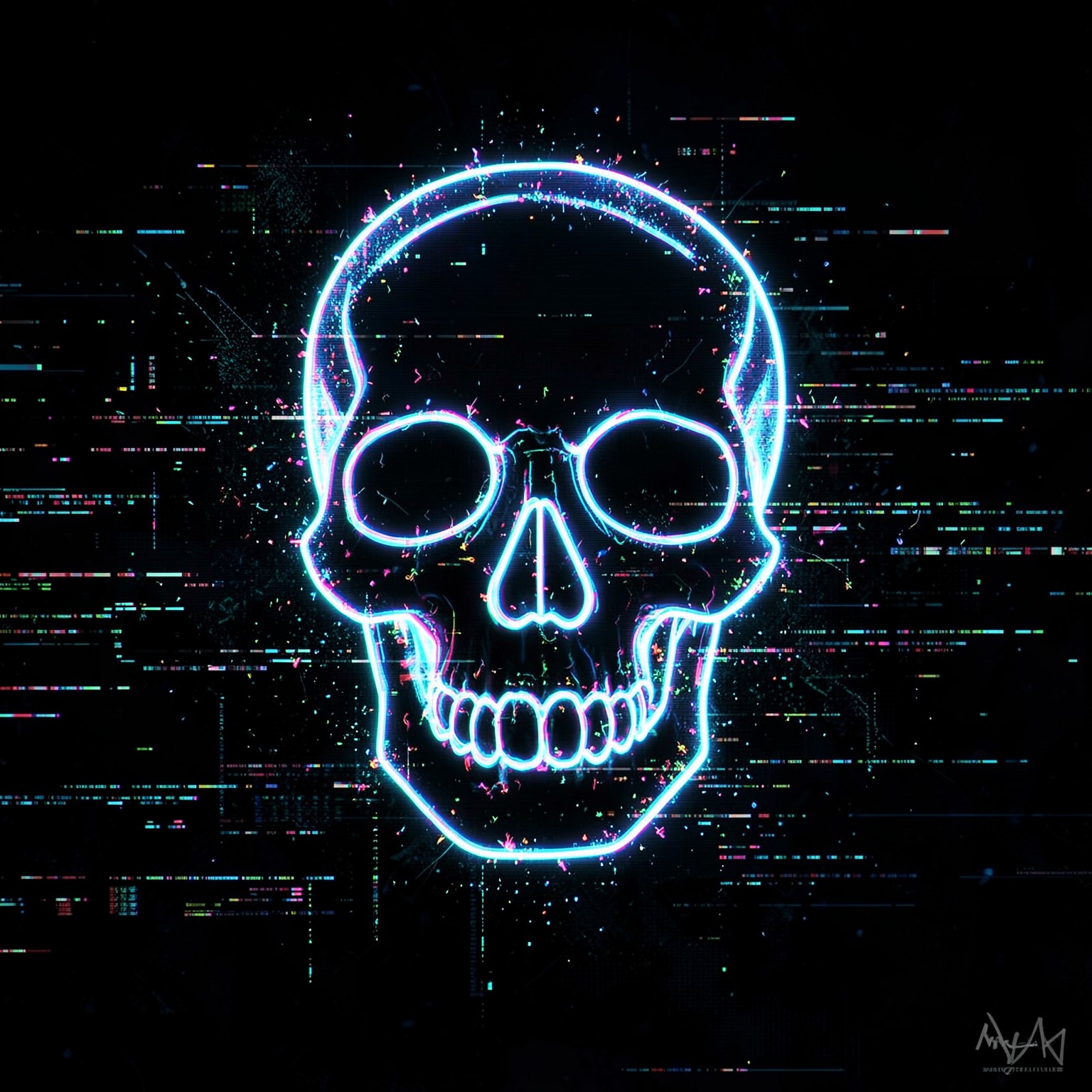 Neon skull surrounded by glitch effects, dark digital art