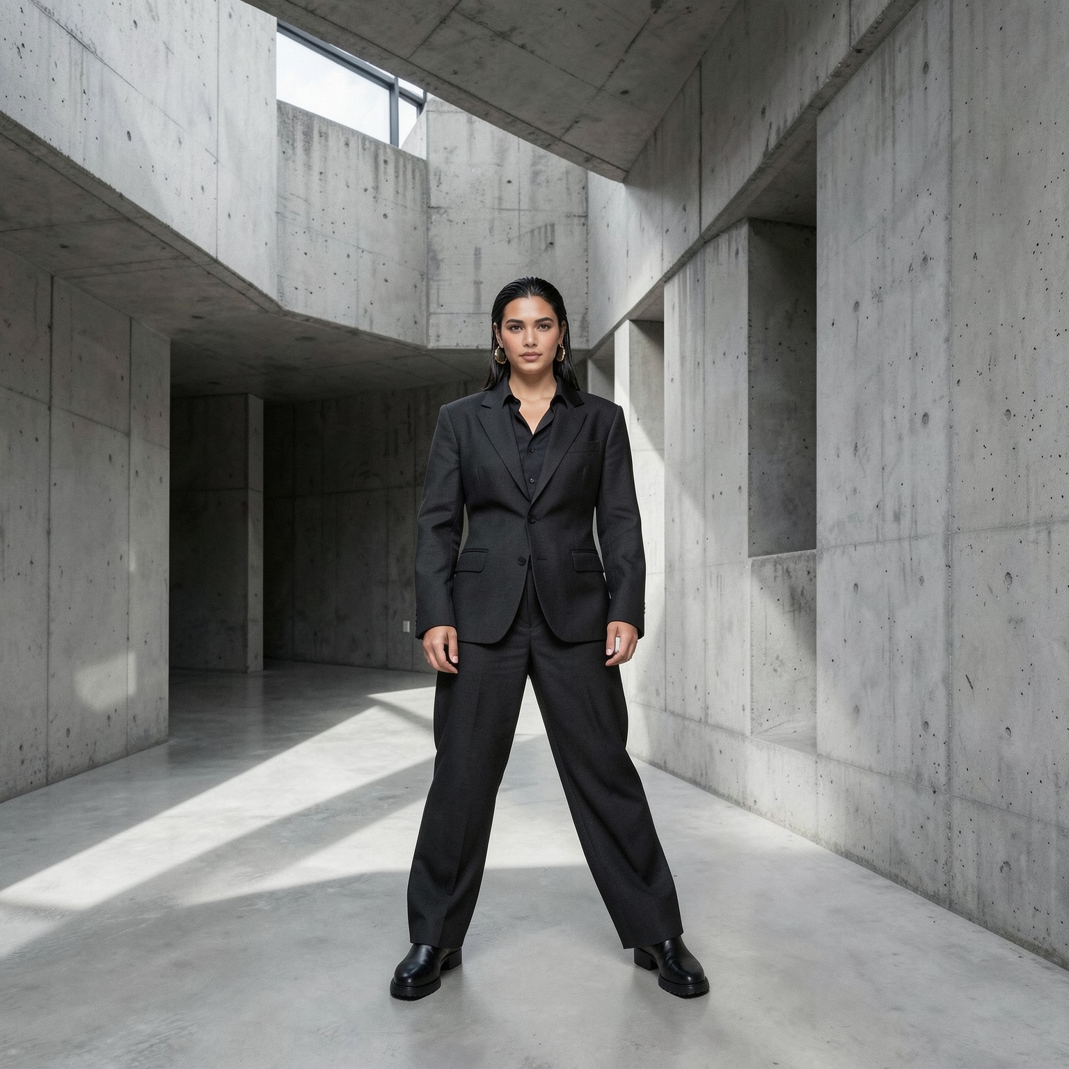 Fashion photoshoot inside brutalist concrete architecture, minimalist luxury aesthetic
