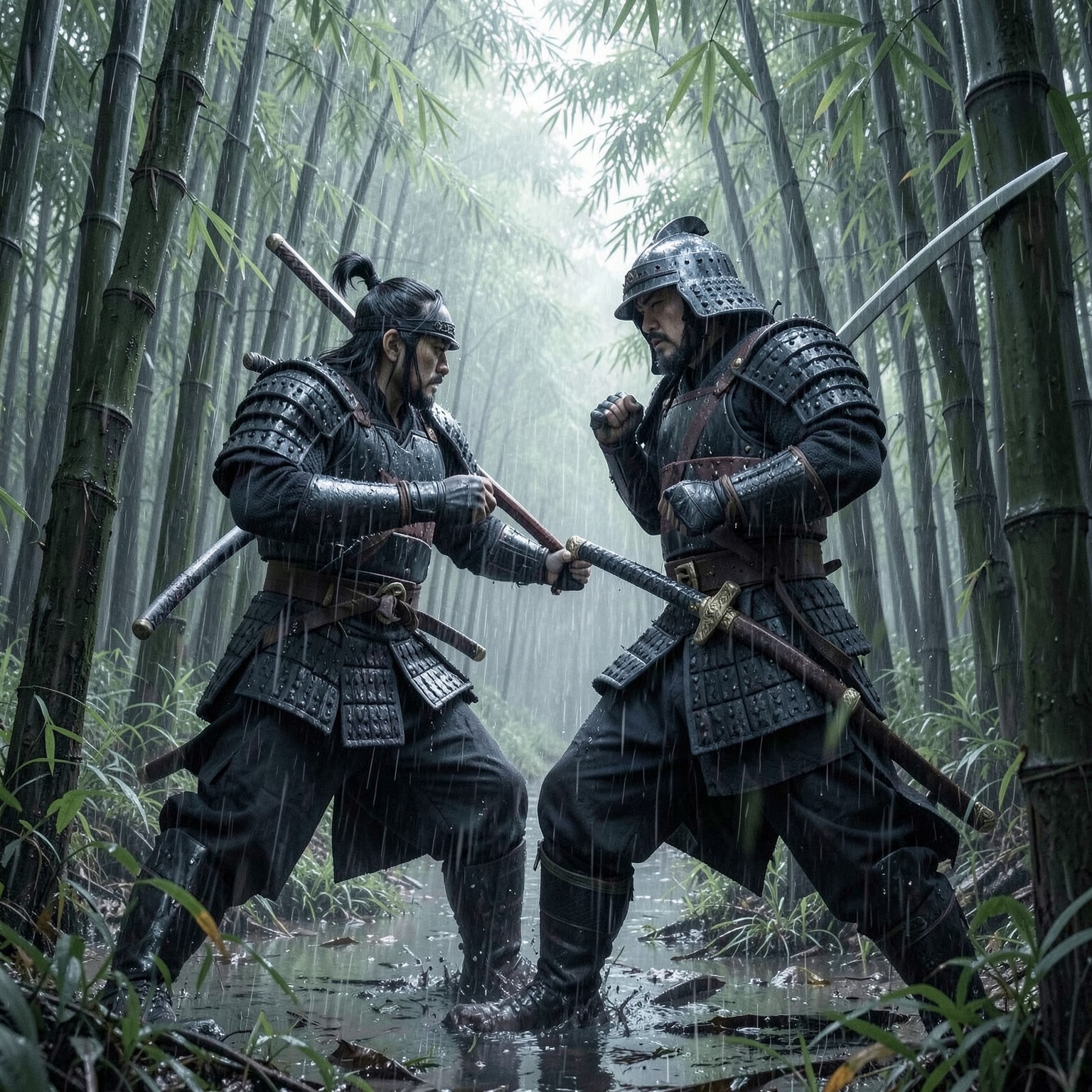 Samurai duel in bamboo forest during rain