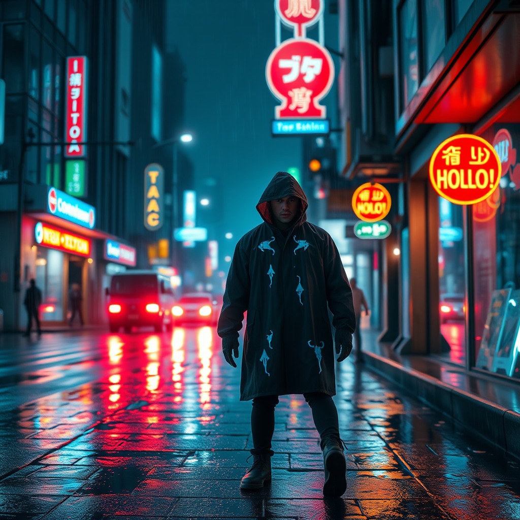 A futuristic cyberpunk street at night after rain, neon signs reflecting on wet asphalt,  a lone character wearing a hooded coat with subtle glowing patterns,  cinematic composition, ultra-detailed, sharp focus, realistic materials,  volumetric fog, depth of field, dramatic lighting, rim light, global illumination,  moody atmosphere, high contrast, film still, 35mm lens, low angle shot,  masterpiece, 8k quality