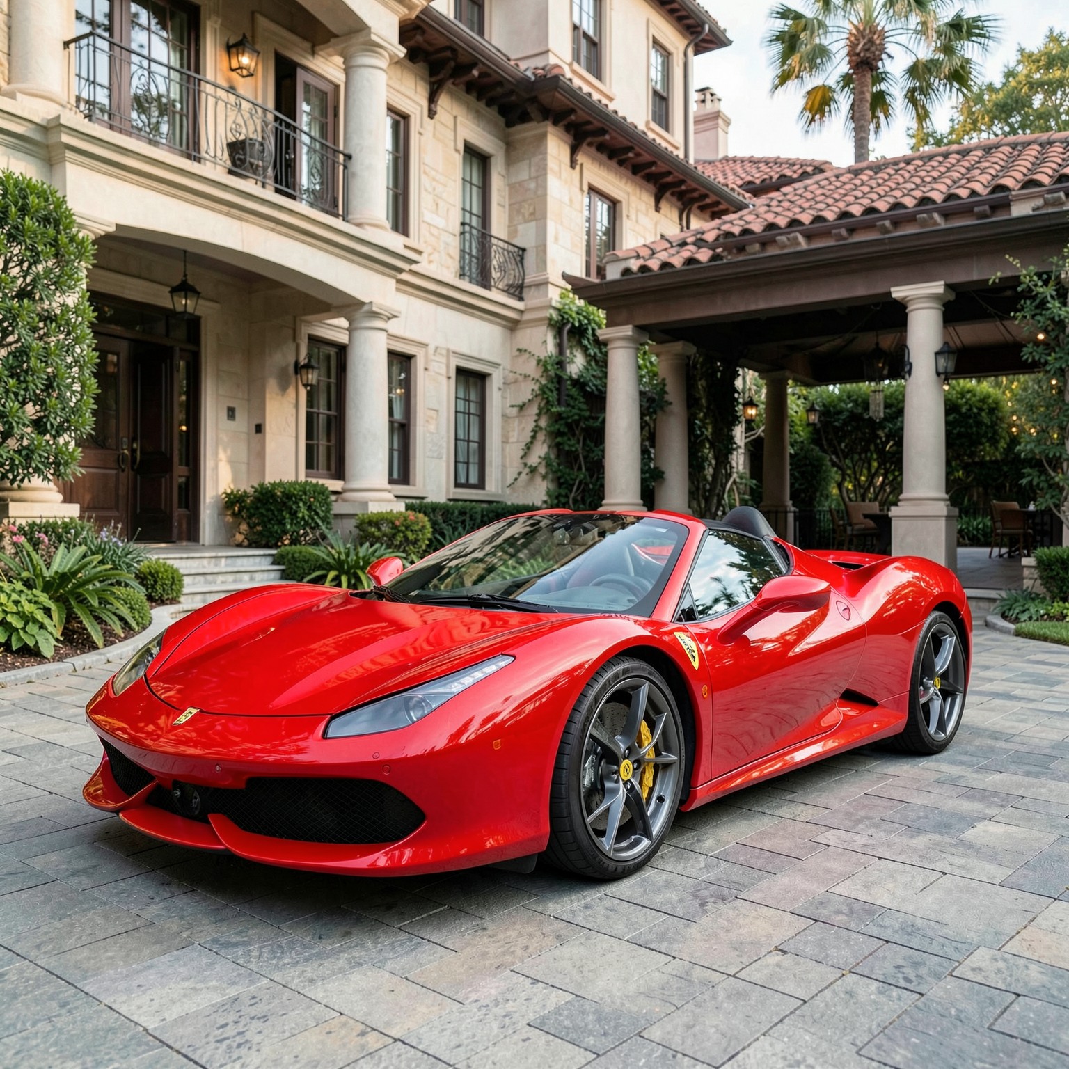 hyper realistic Ferrari parked in luxury mansion driveway