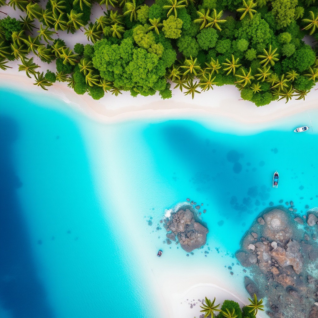 beautiful tropical beach, turquoise water, white sand, aerial drone shot