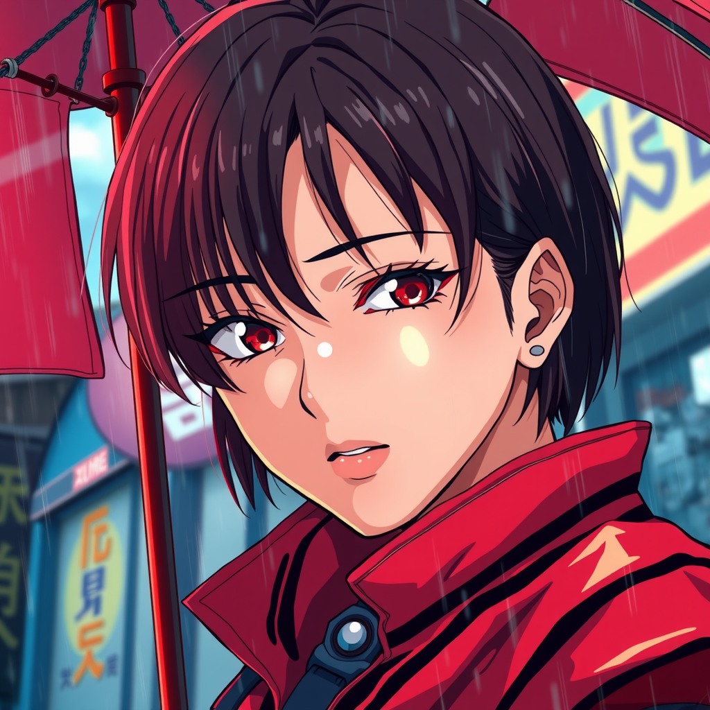 Anime art of akira, detailed scene, red, perfect face, intricately detailed photorealism, trending on artstation, neon lights, rainy day, ray-traced environment, vintage 90's anime artwork.