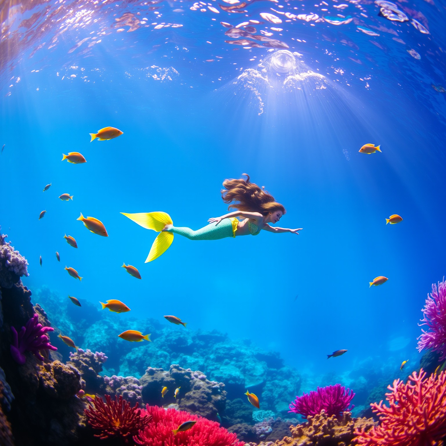Colorful underwater scene featuring a mermaid swimming with fish and coral.