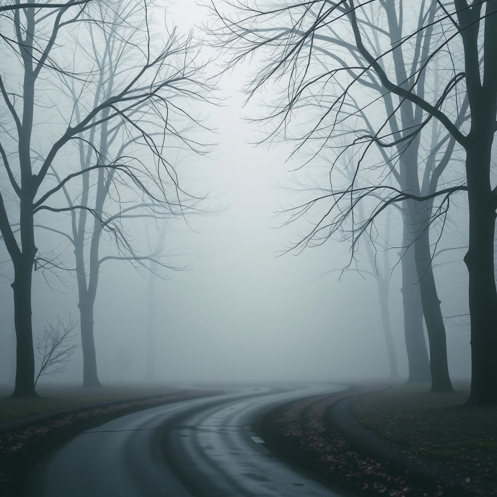 Photo-realistic editorial photography, realistic scene representing foggy morning