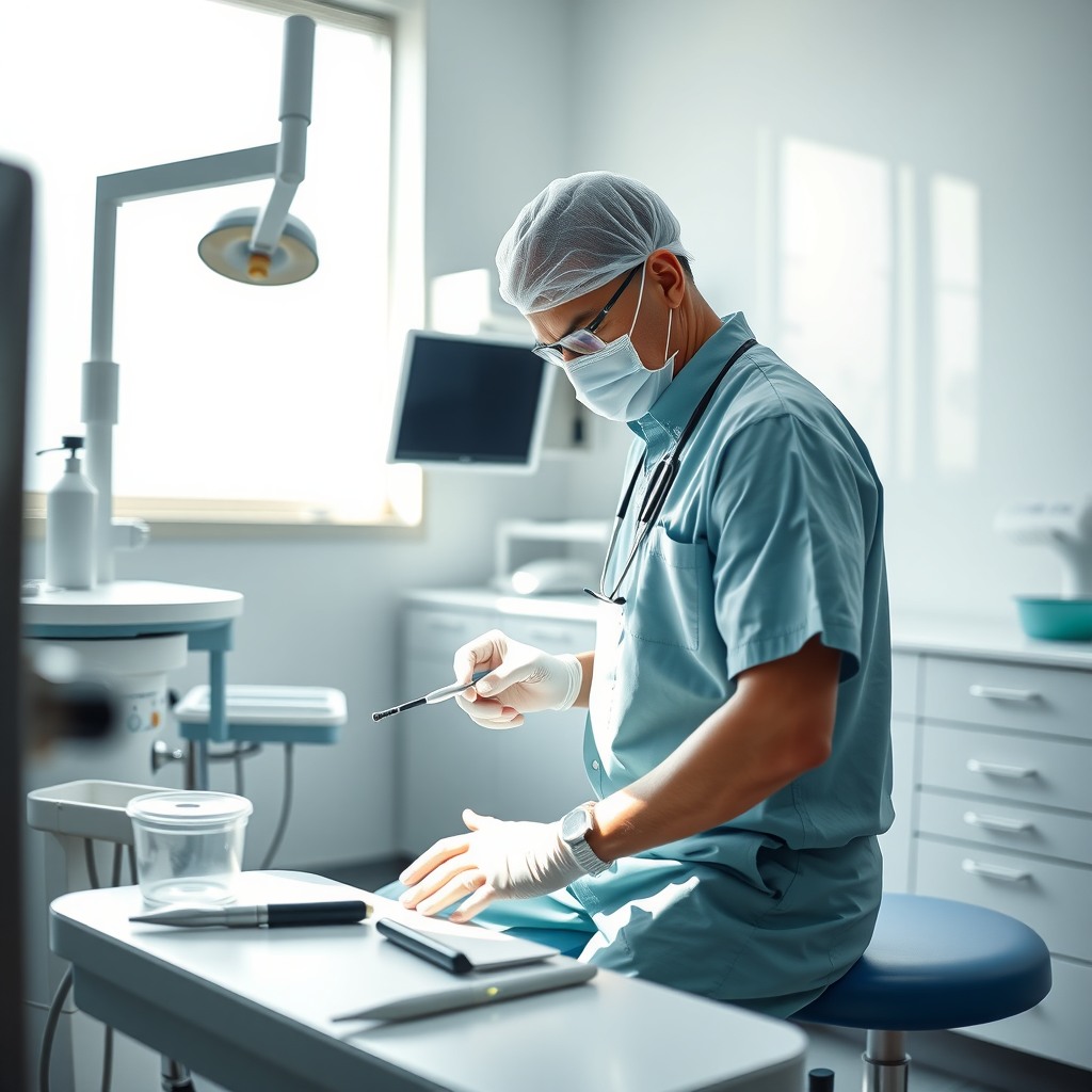 Photo-realistic editorial photography, realistic scene representing a dentist preparing equipment in clean clinic, natural lighting