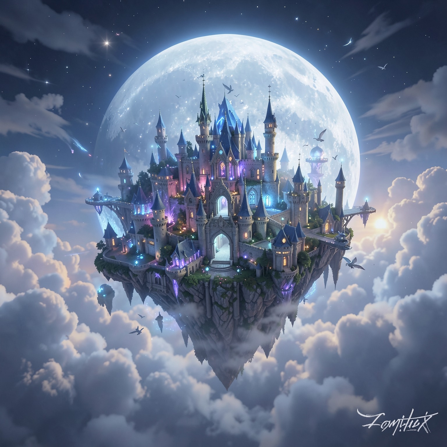 fantasy moon kingdom floating above clouds