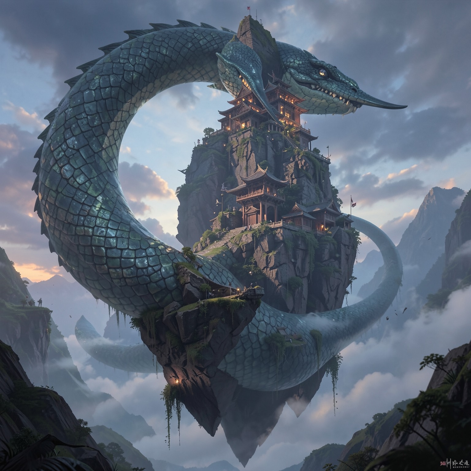 Giant serpent circling floating mountain temple