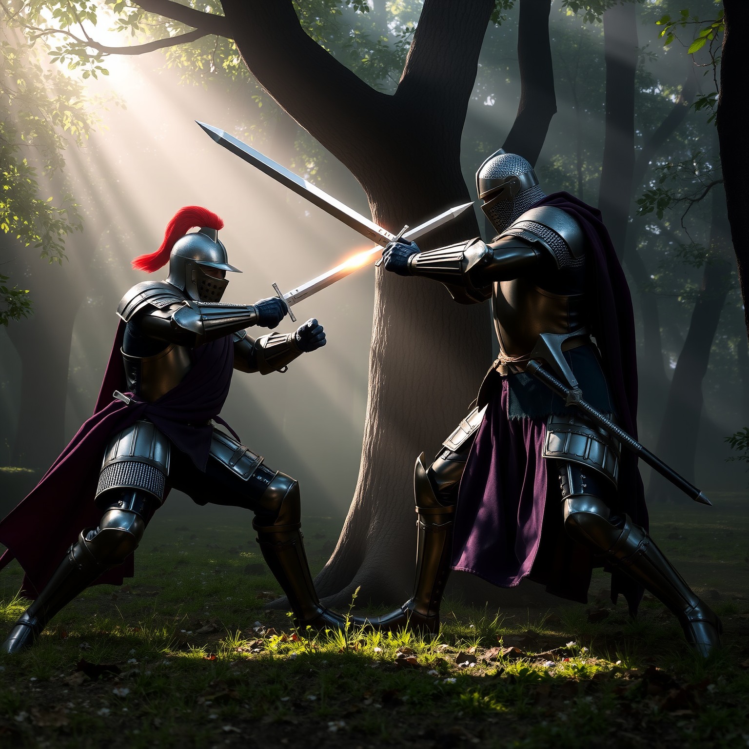 Two medieval knights in armor clashing swords in a foggy forest