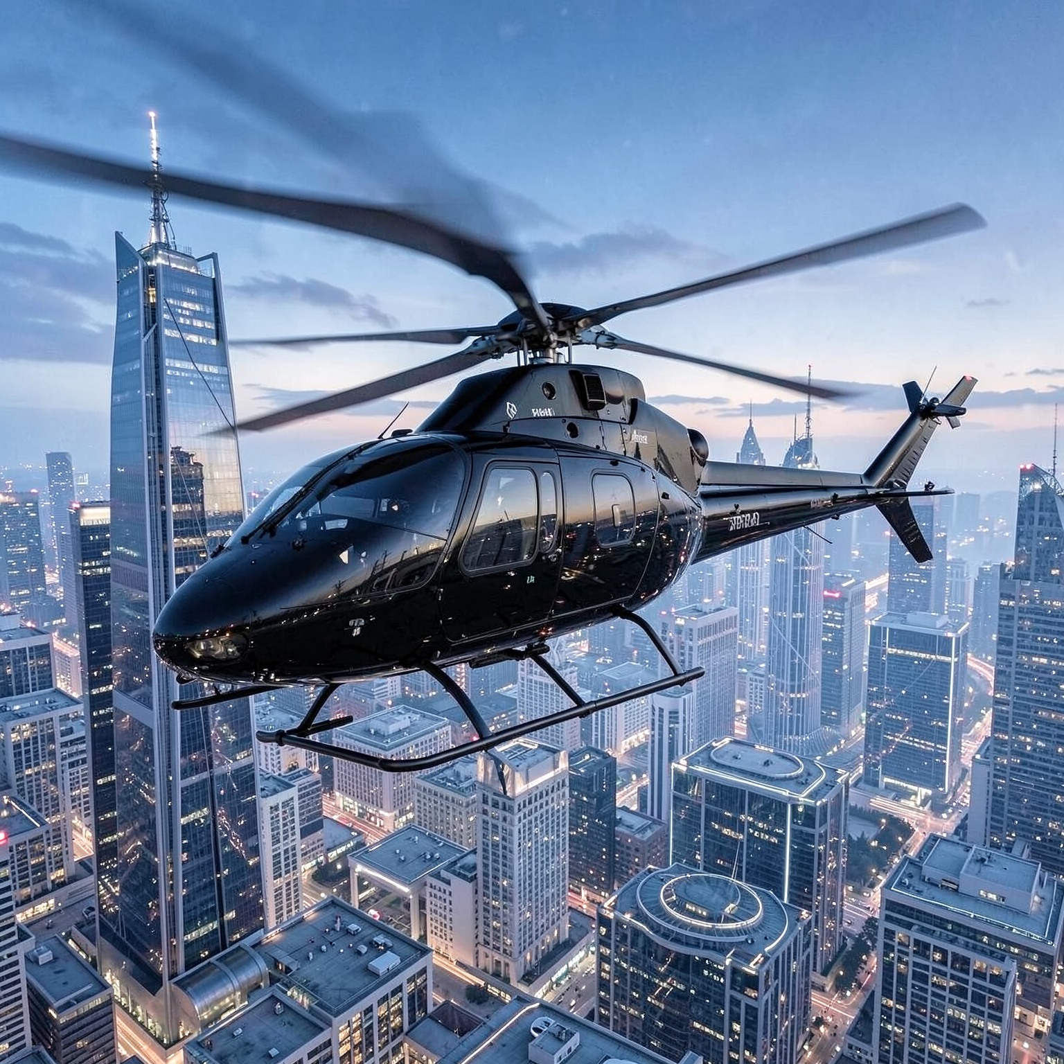 Luxury black helicopter above futuristic city