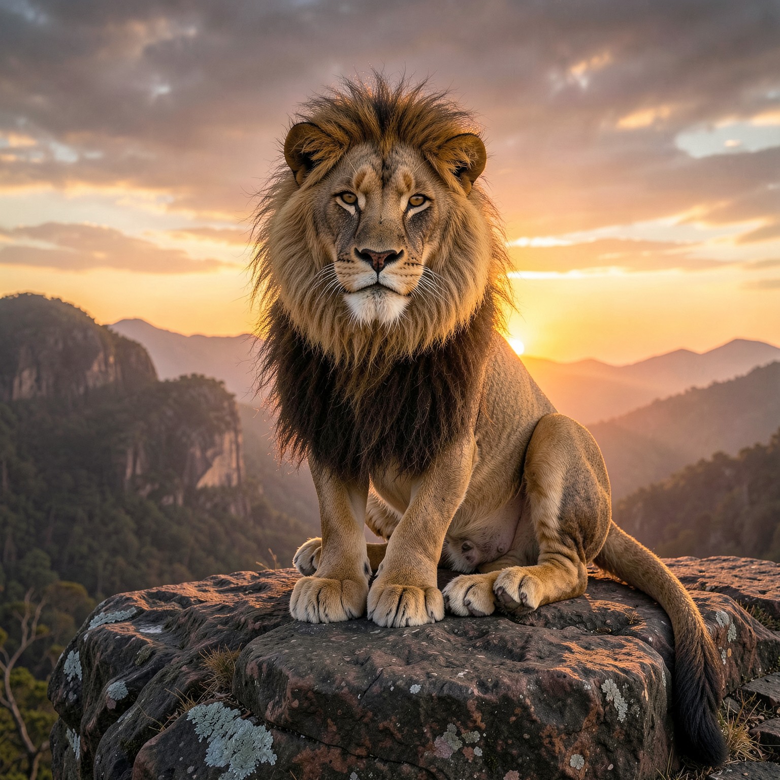 realistic lion king sitting on rocky cliff during sunrise