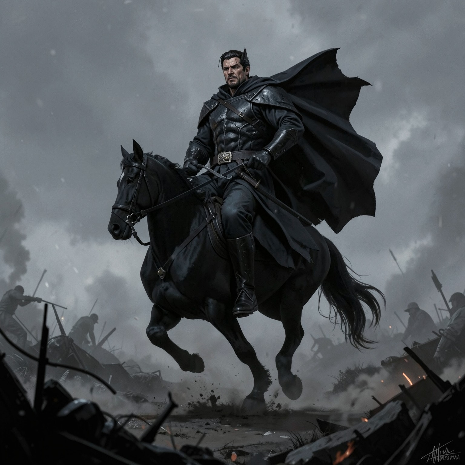 dark knight riding black horse through foggy battlefield