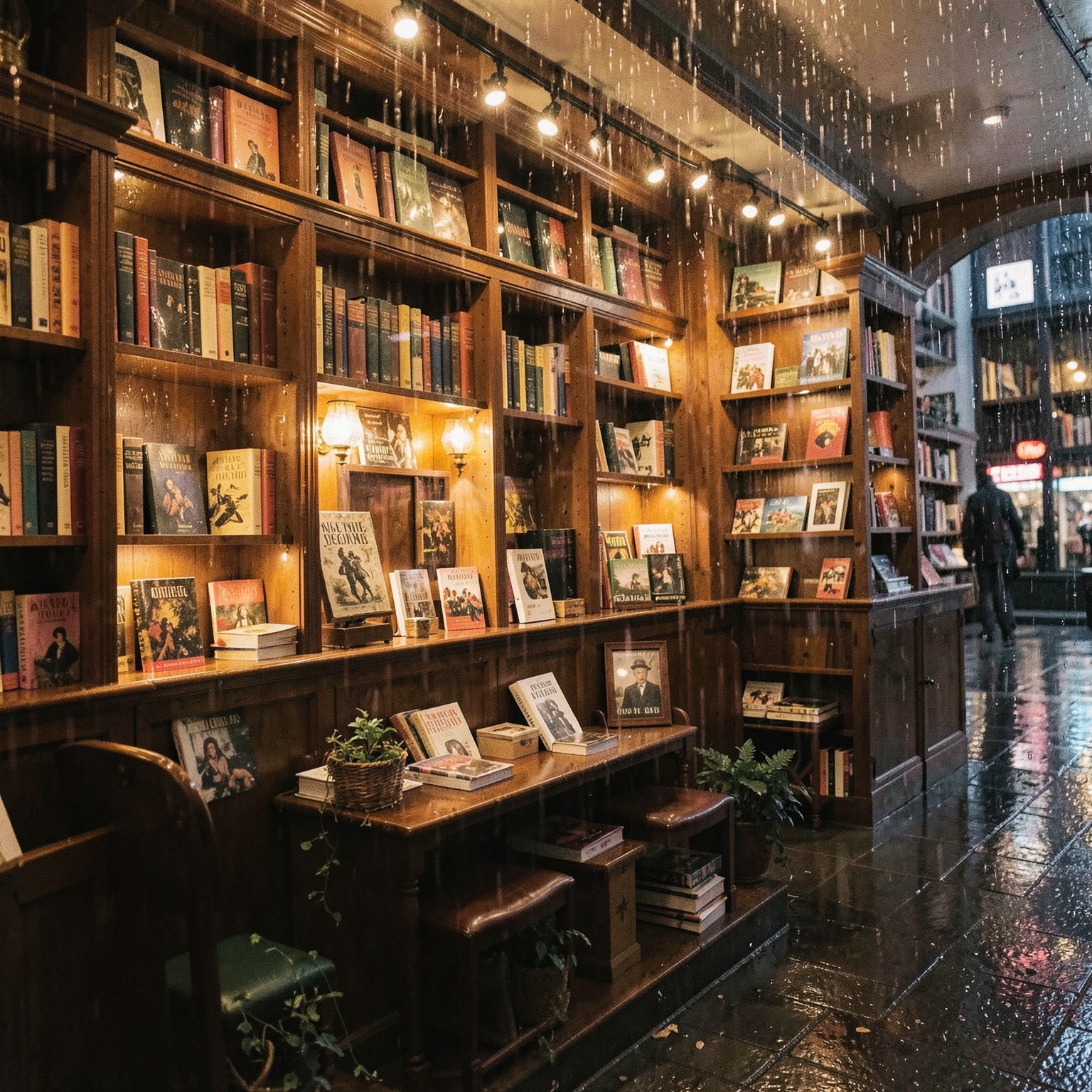 cozy bookstore with warm lights and rain outside