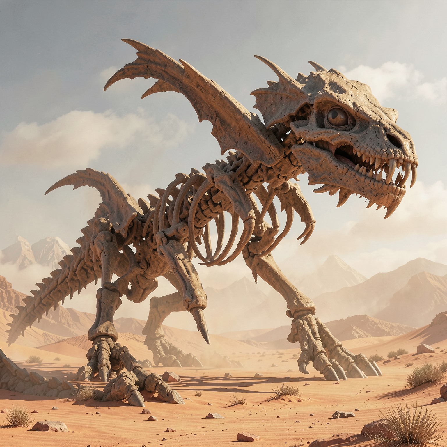 giant ancient dragon skeleton in desert
