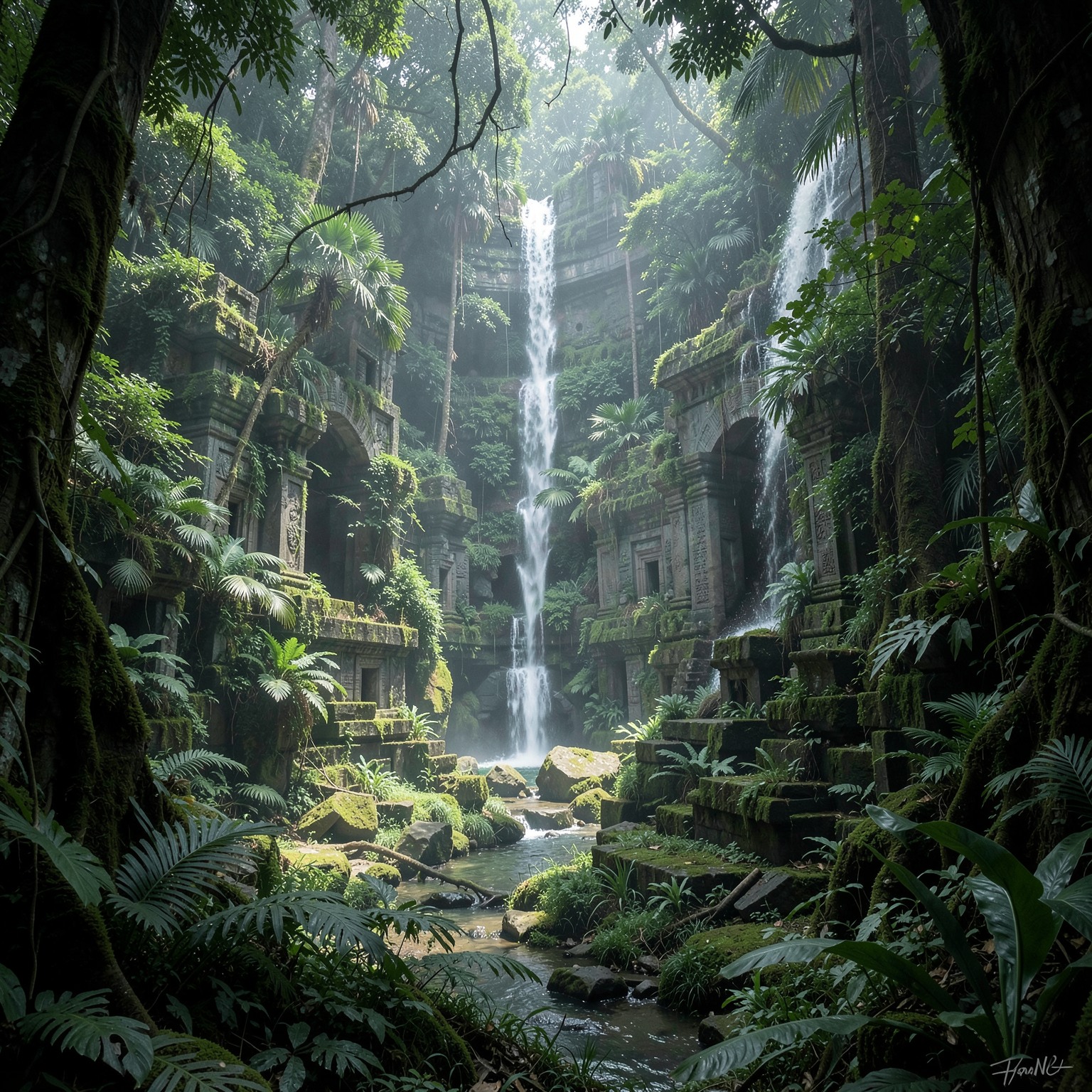ancient ruins hidden deep inside jungle with waterfalls