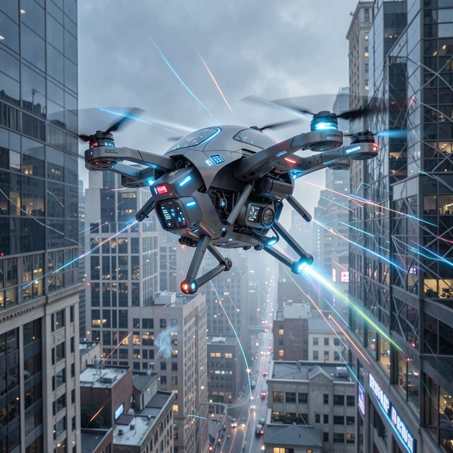 futuristic drone delivery system flying through city