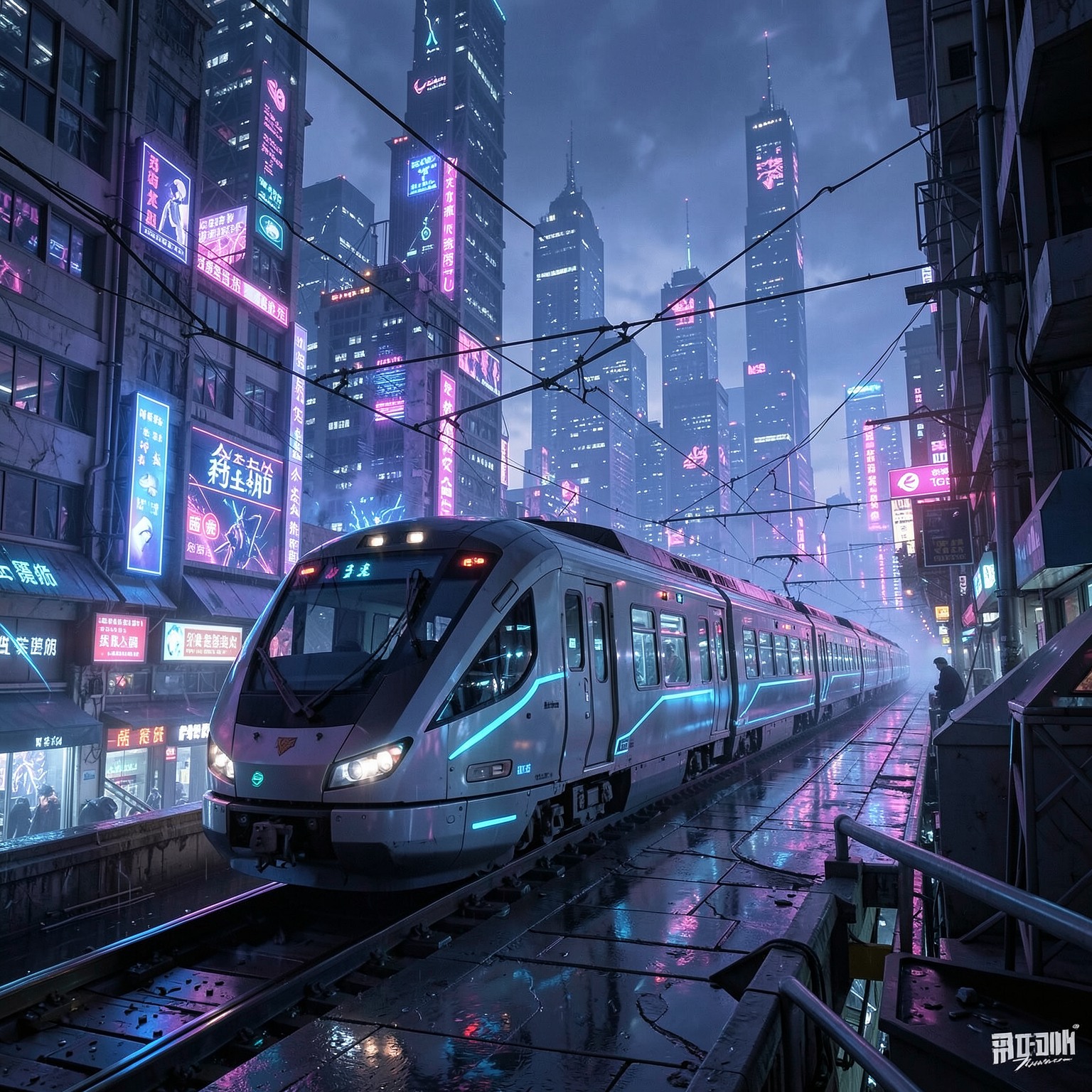futuristic train crossing glowing cyberpunk megacity