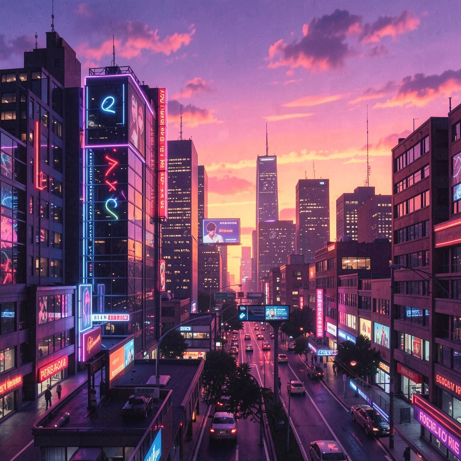 retro synthwave city during sunset