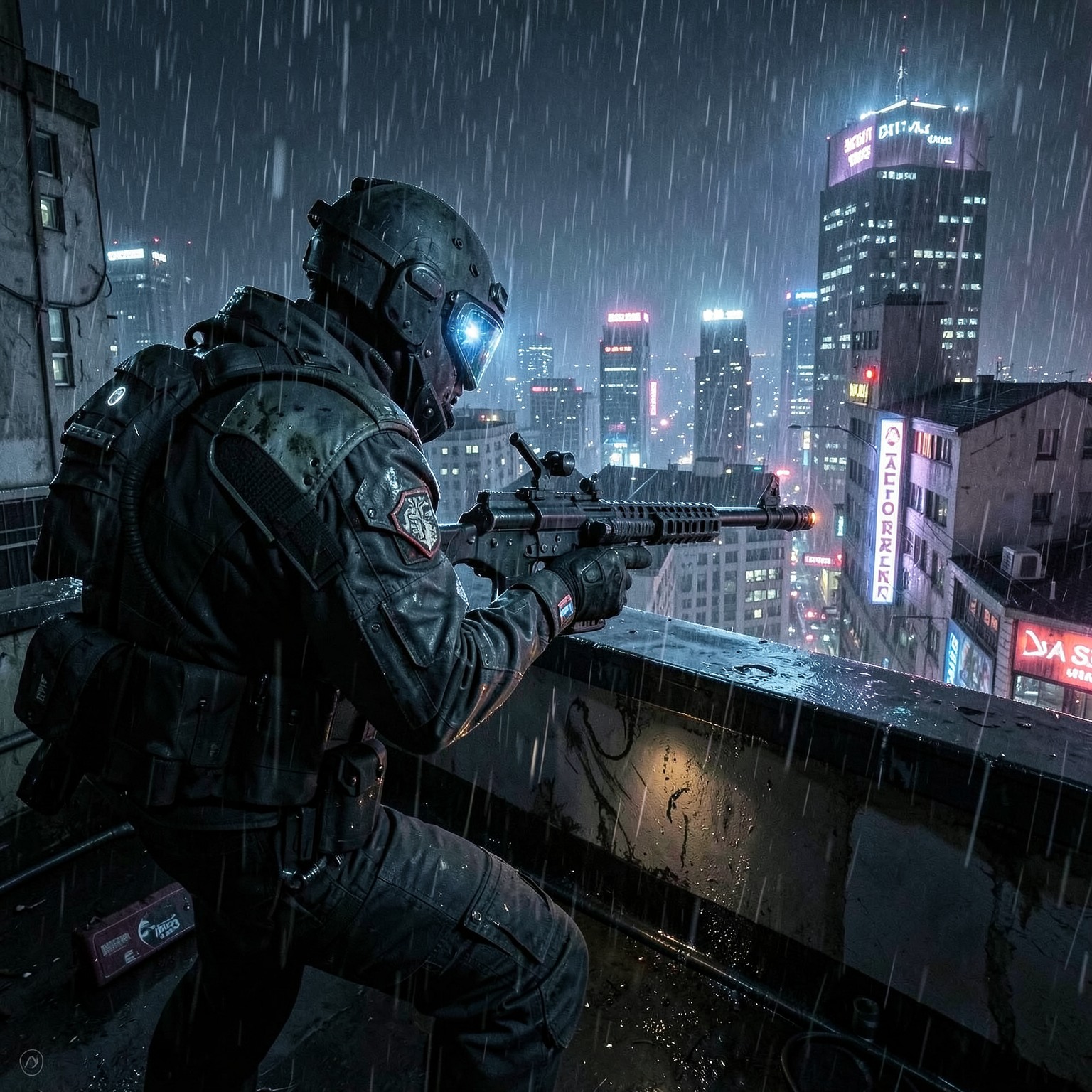 Cyberpunk rooftop sniper scene overlooking rainy city at night