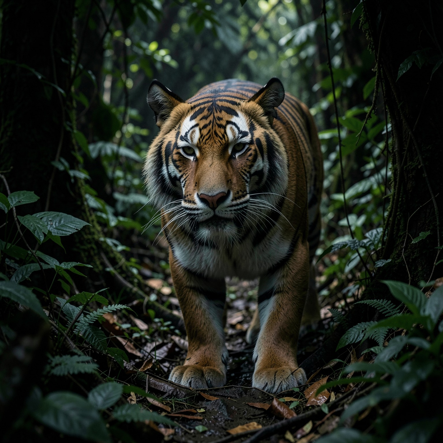 ultra realistic tiger emerging from jungle shadows