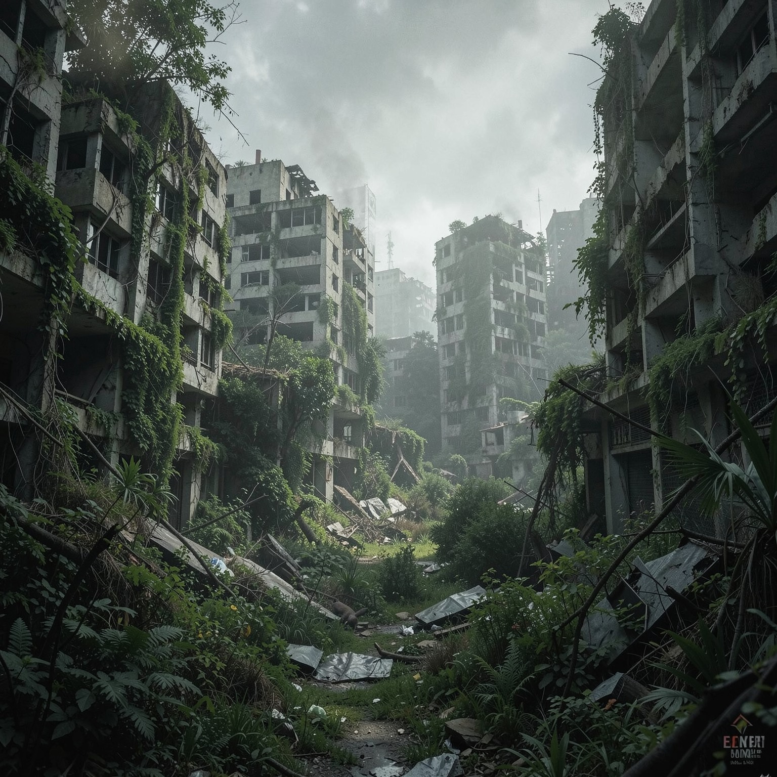 Post-apocalyptic city overgrown with nature, cinematic atmosphere