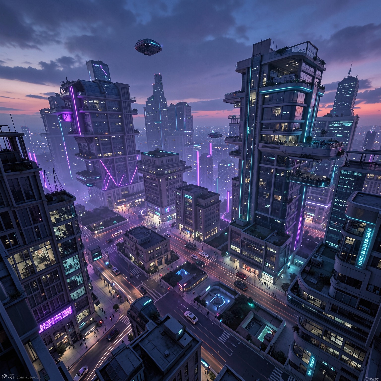 Futuristic cityscape at dusk, floating buildings with violet and teal lights, hover vehicles in streets, ultra-wide angle, cinematic atmosphere, high detail