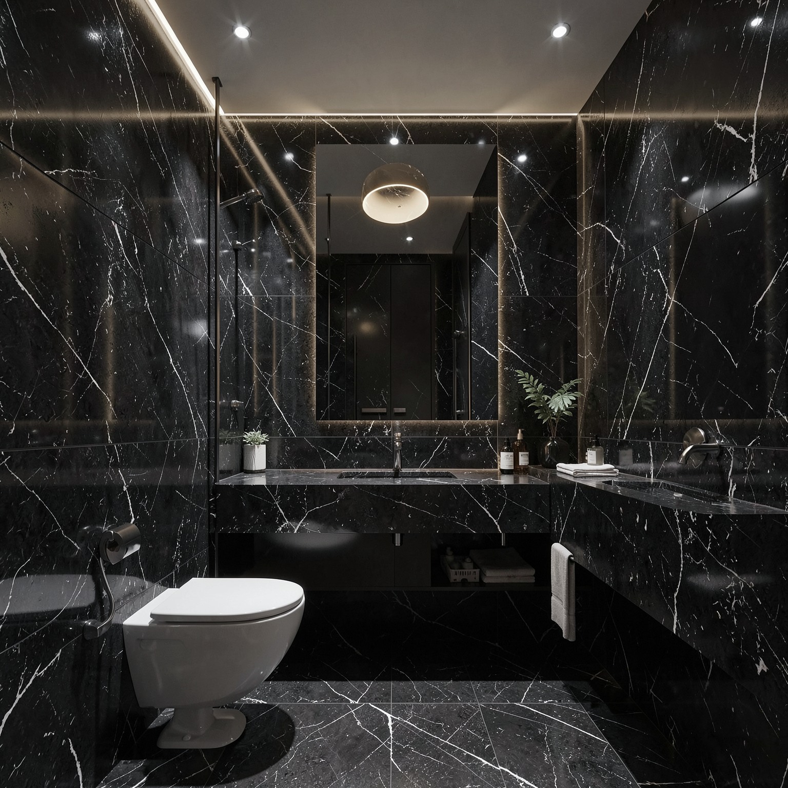 luxury black marble bathroom interior with ambient lighting