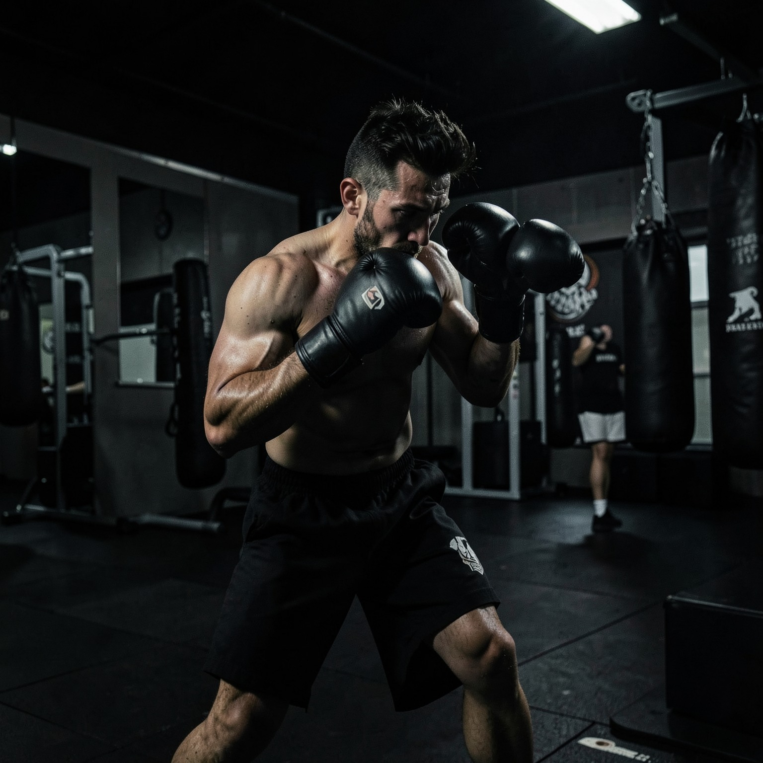 realistic boxer training in dark gym cinematic lighting