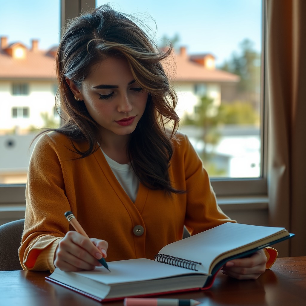 Photo-realistic editorial photography, realistic scene representing a woman writing notes in notebook