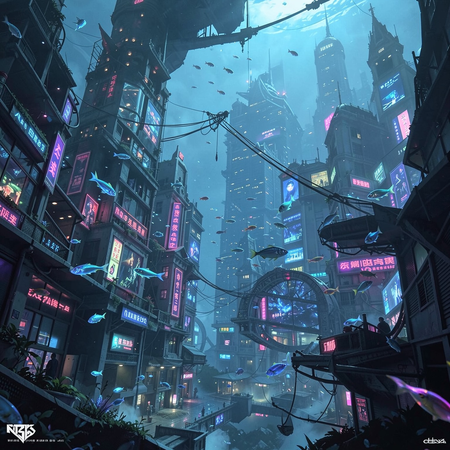 Underwater cyberpunk city with glowing fish and neon skyscrapers