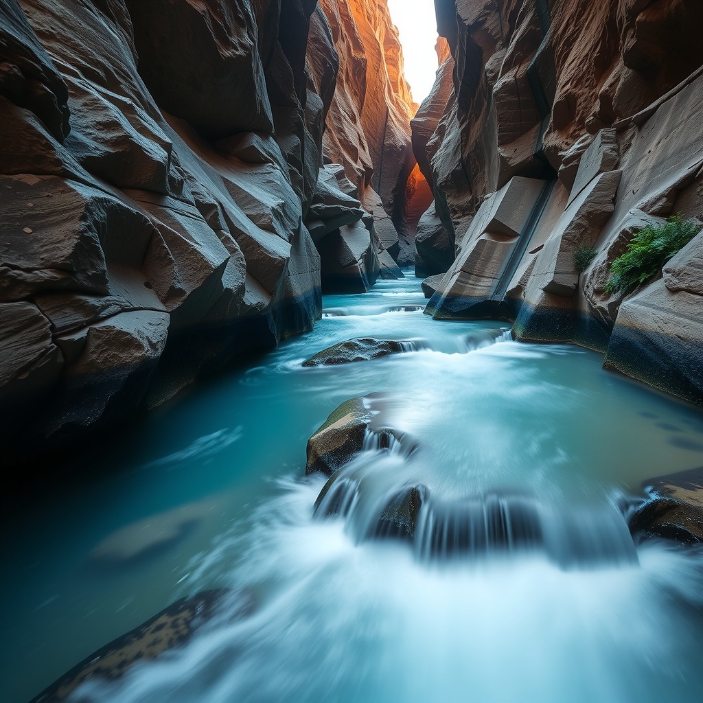 Realistic scene of a narrow river flowing through a rocky canyon, long exposure water effect, natural daylight