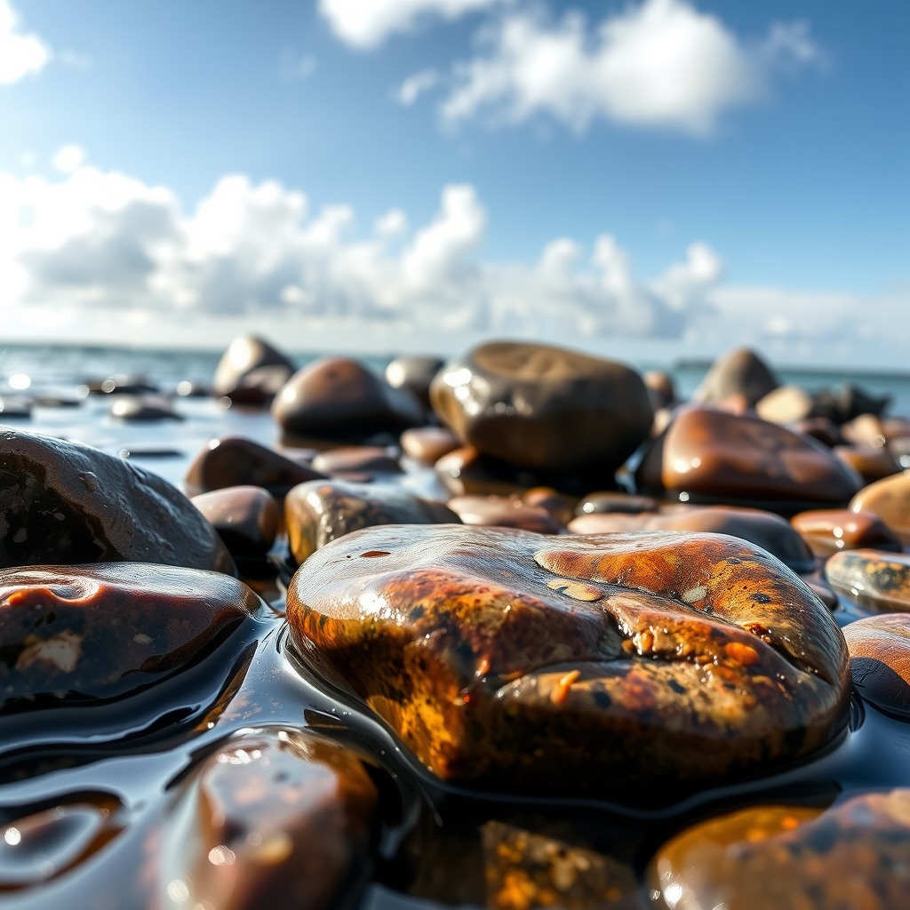 Photo-realistic editorial photography, realistic scene representing wet river rocks