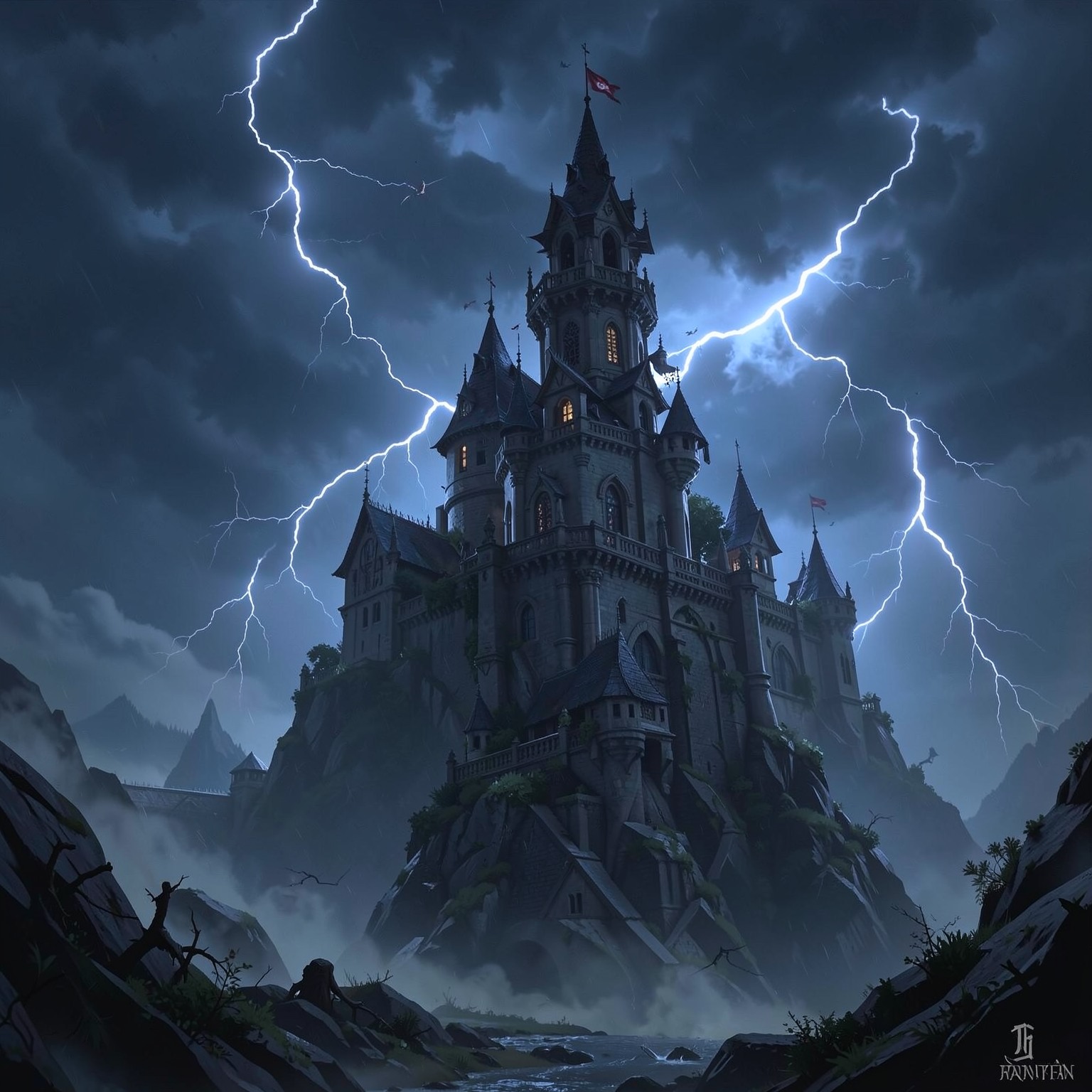 Fantasy wizard tower during lightning storm