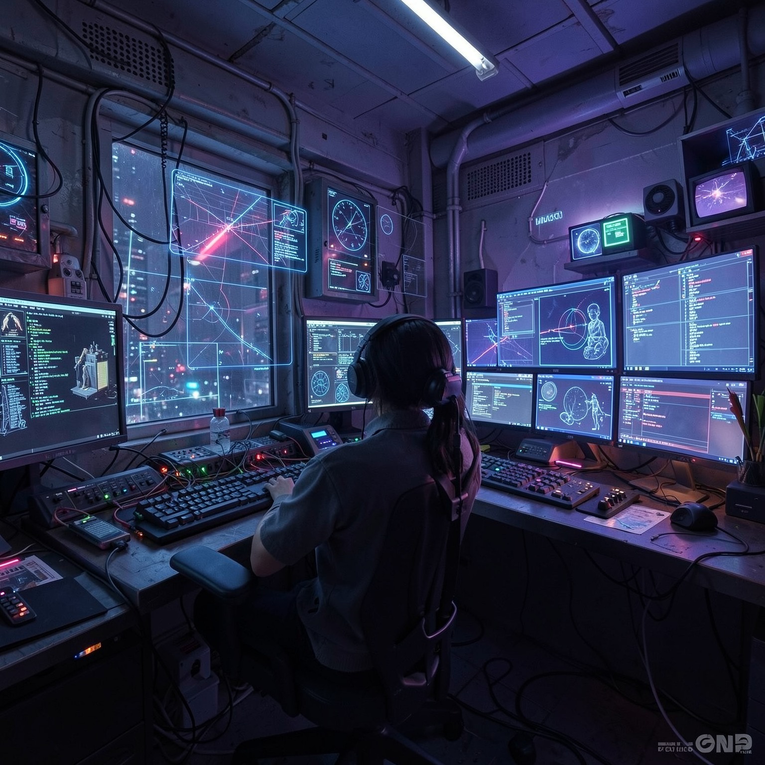 cyberpunk hacker room with holographic monitors